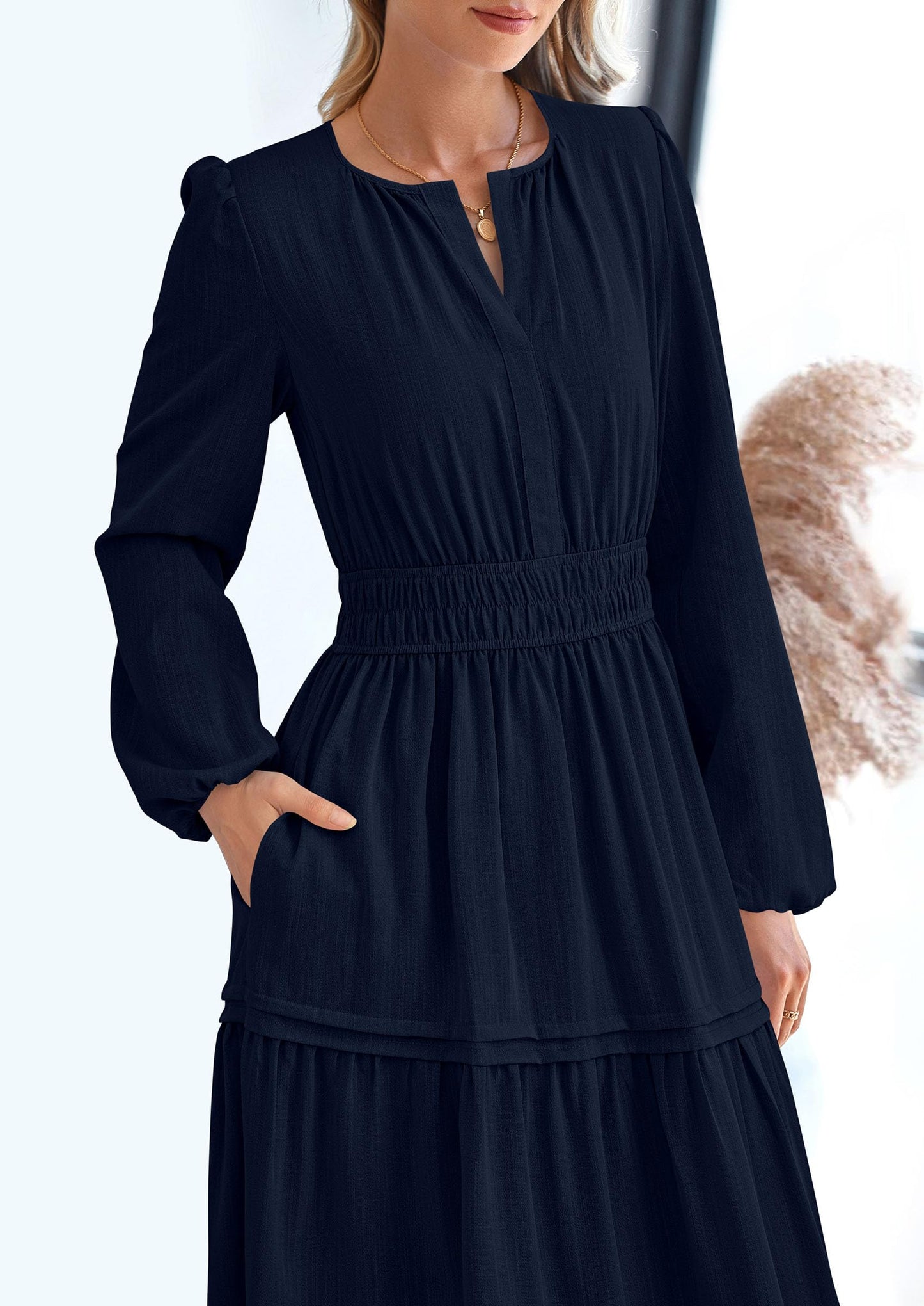 Women's Elegant Maxi Dresses Long Sleeve V Neck Flowy Pockets Casual Modest Dress Fall Fashion Clothes