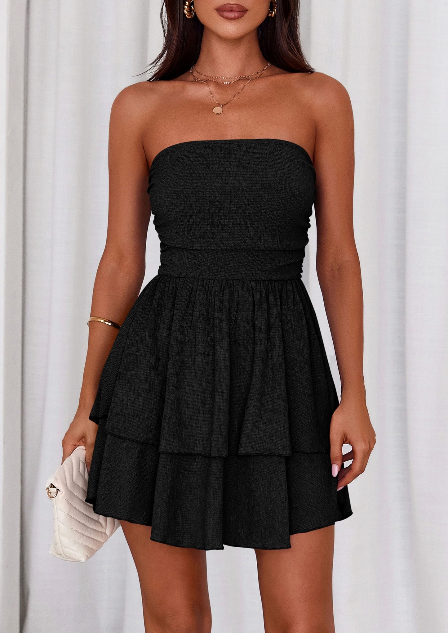 Women's Summer Strapless Tube Mini Dress Off Shoulder Smocked Ruffle A Line Flowy Short Party Club Dresses