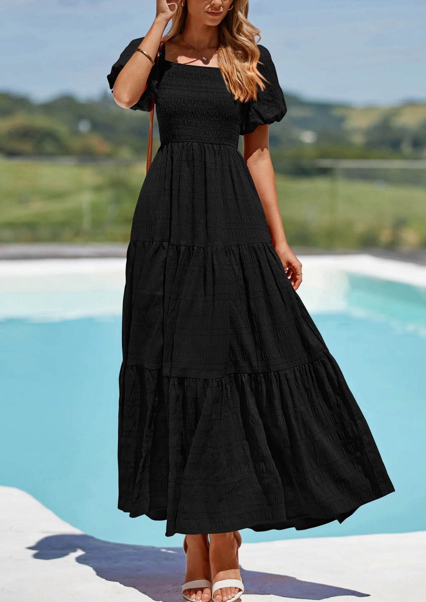 Womens Summer Puff Short Sleeve Maxi Dress Square Neck Smocked Tiered Ruffle A Line Long Flowy Beach Dresses