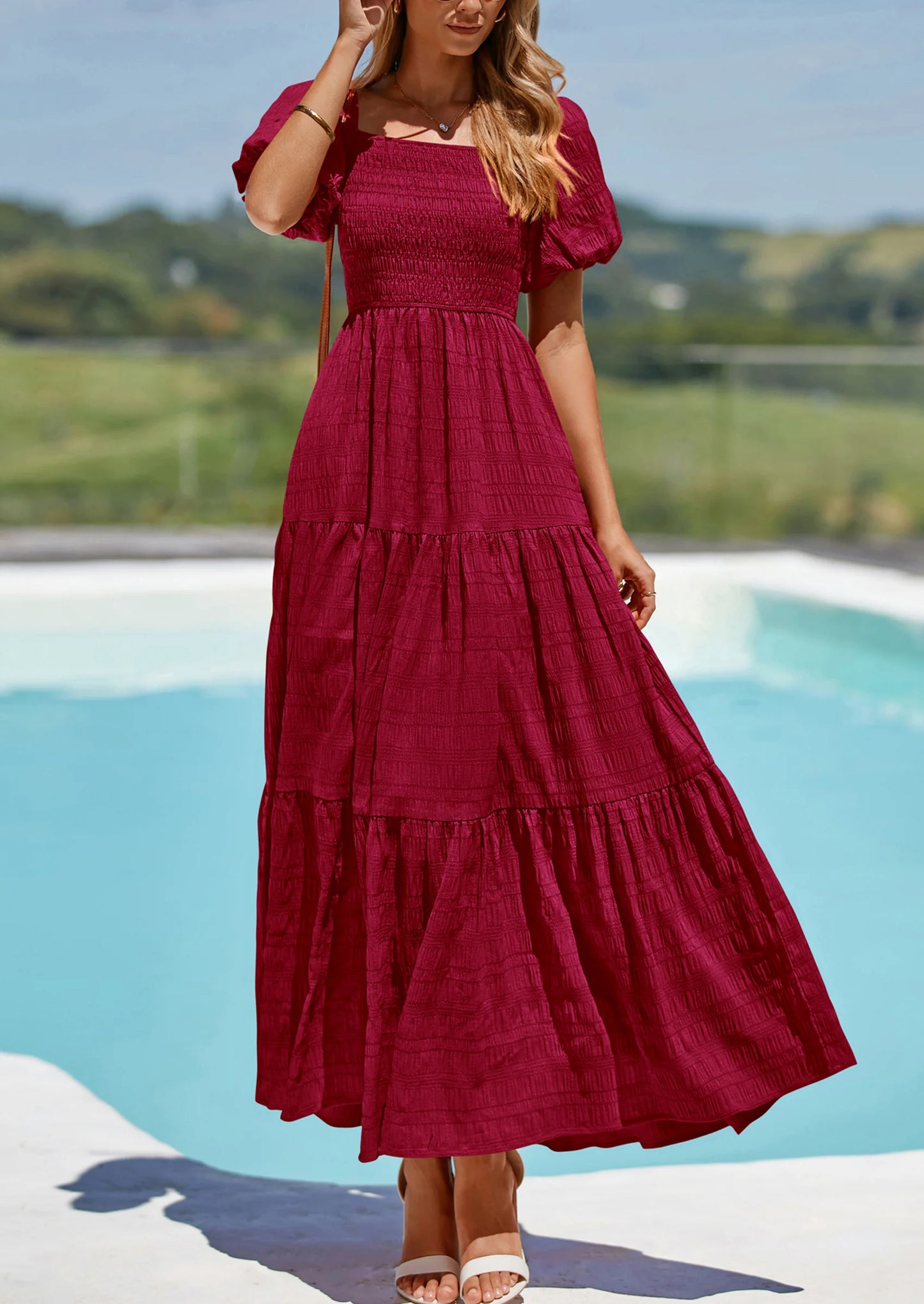 Womens Summer Puff Short Sleeve Maxi Dress Square Neck Smocked Tiered Ruffle A Line Long Flowy Beach Dresses