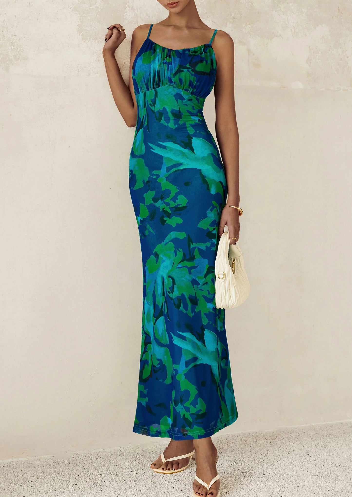 Women's Bodycon Maxi Dress Floral Sundress Sleeveless Spaghetti Strap Cocktail Party Dress