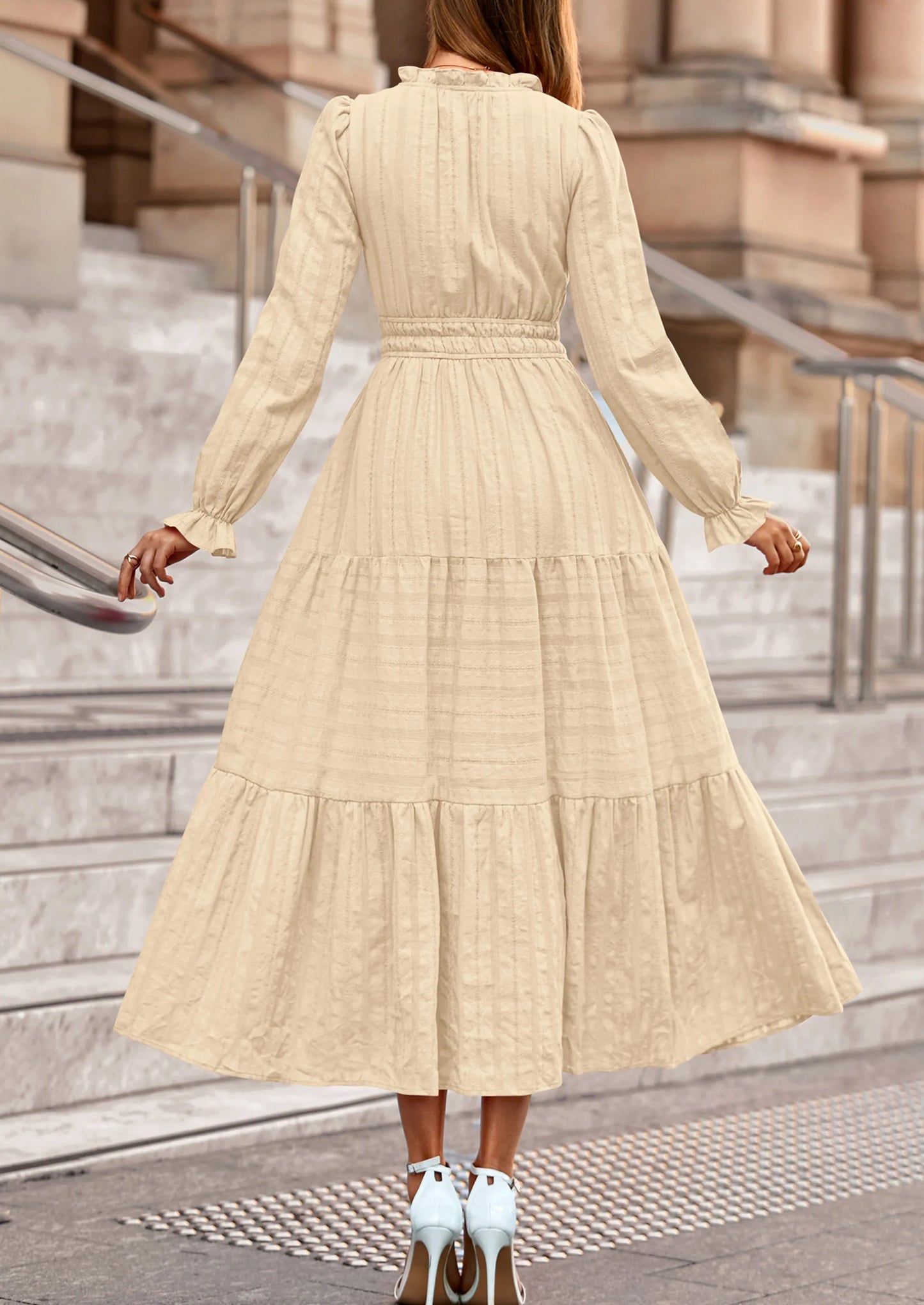 Women's Fall Wedding Guest Dresses Long Sleeve V Neck Flowy Elegant Holiday Party Maxi Dress with Pockets