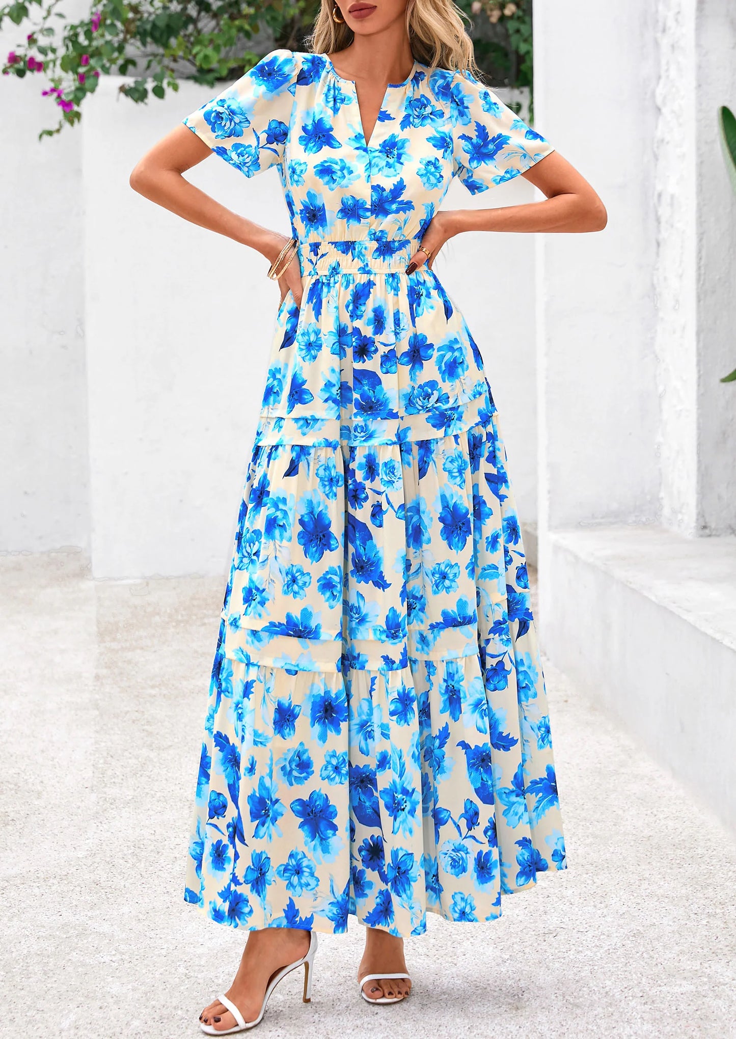 Women's Boho Maxi Dresses Floral Short Sleeve V Neck A Line Tiered Flowy Long Beach Vacation Dress