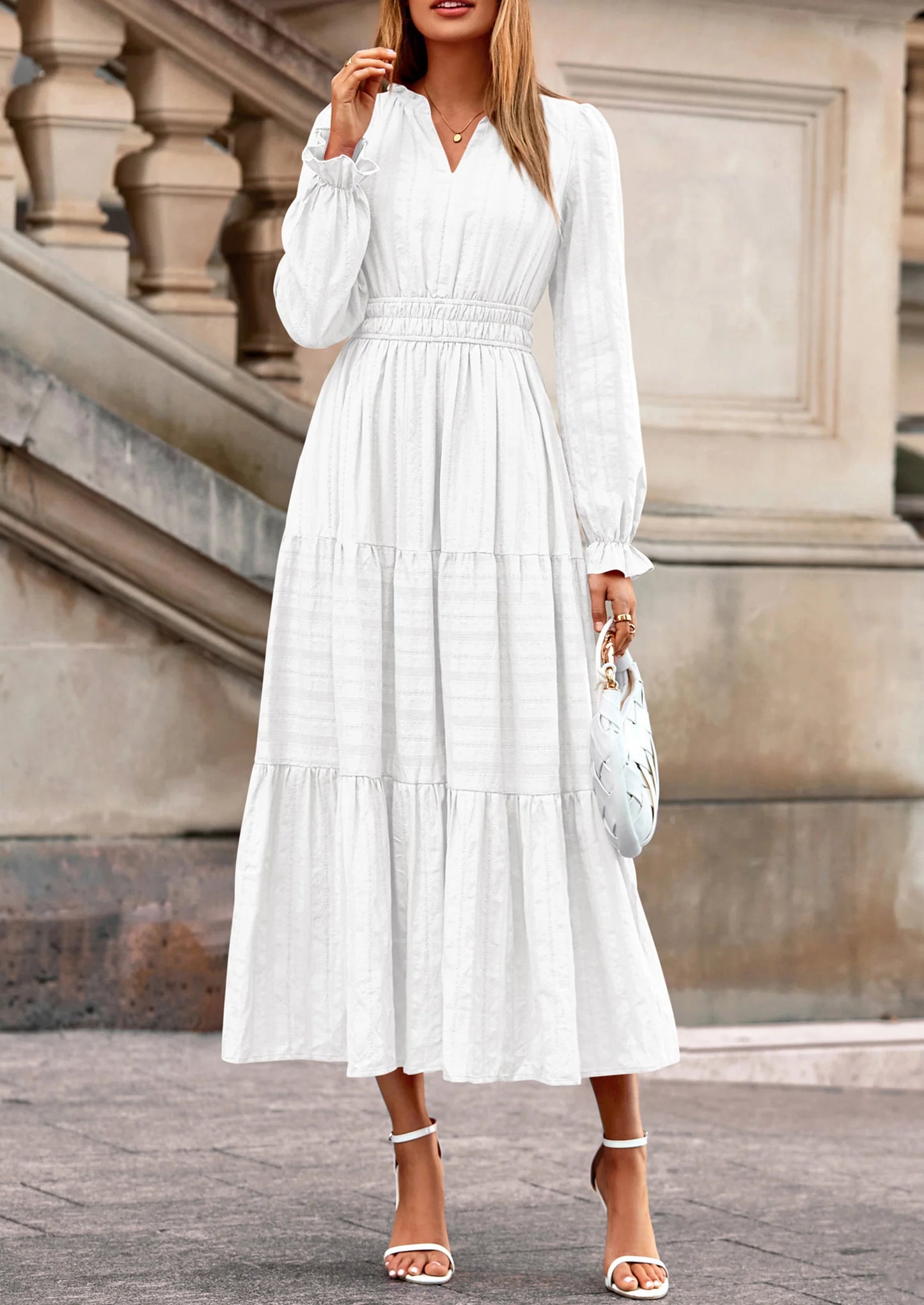 Women's Fall Wedding Guest Dresses Long Sleeve V Neck Flowy Elegant Holiday Party Maxi Dress with Pockets