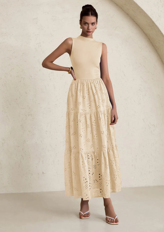 Dresses for Women Casual Eyelet Sleeveless Wedding Guest Maxi Dress Tank Top Sundress with Pockets