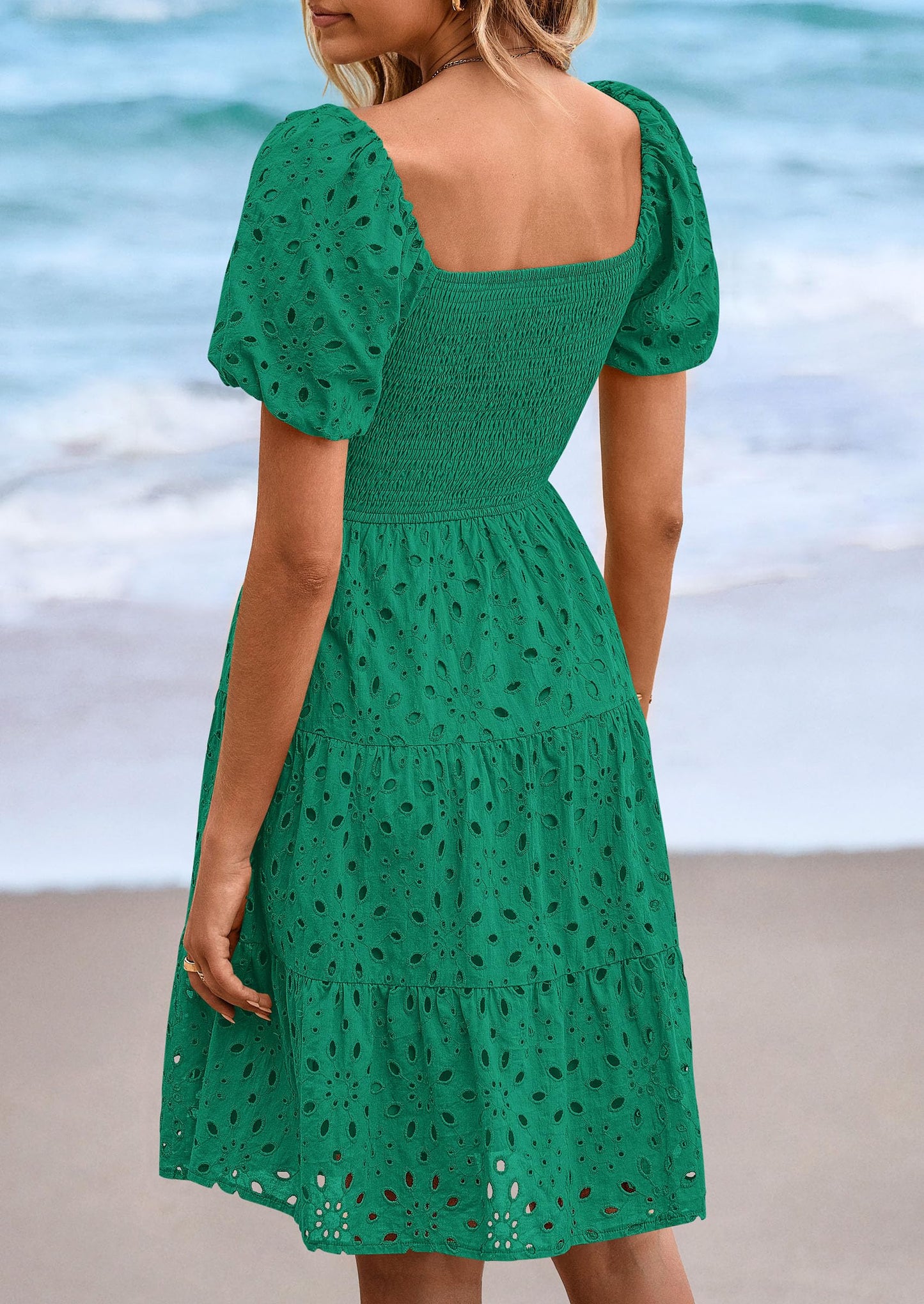 Womens Summer Puff Sleeve Mini Dress Off Shoulder Eyelet Smocked A Line Casual Babydoll Short Dresses