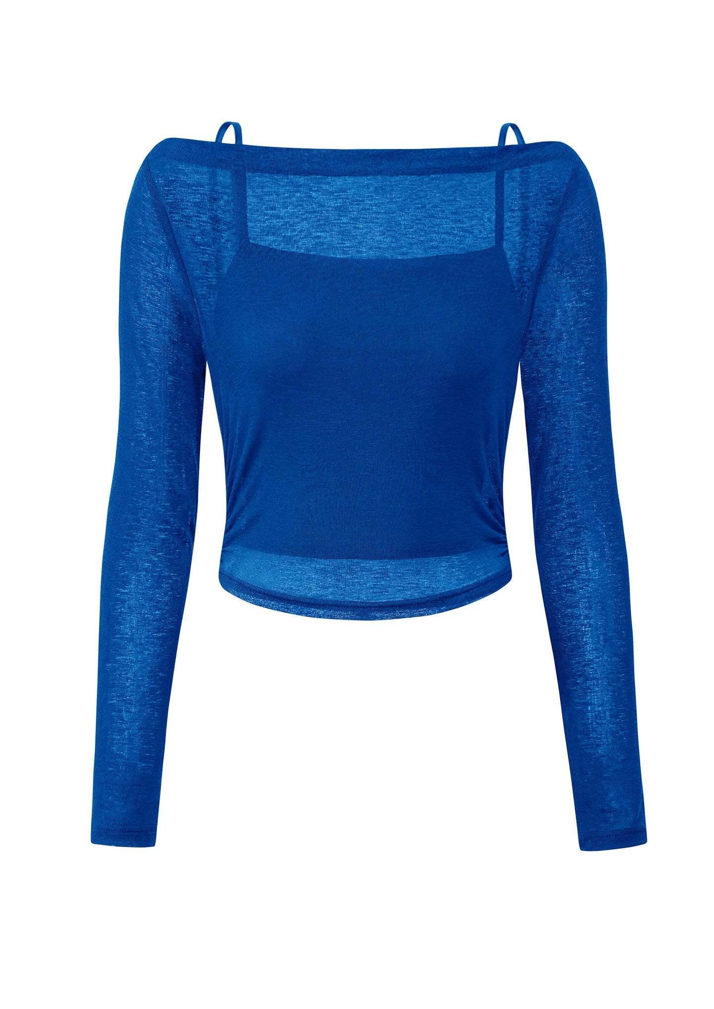 Women's Long Sleeve Sheer Crop Tops Boat Neck See Through Cover Up with Spaghetti Strap Camisole 2 Piece Blouses