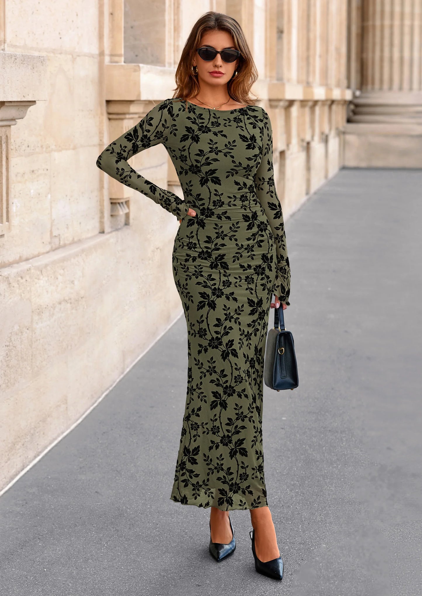 Women's Floral Bodycon Maxi Dress Fall Elegant Mesh Long Sleeve Formal Wedding Guest Cocktail Dresses