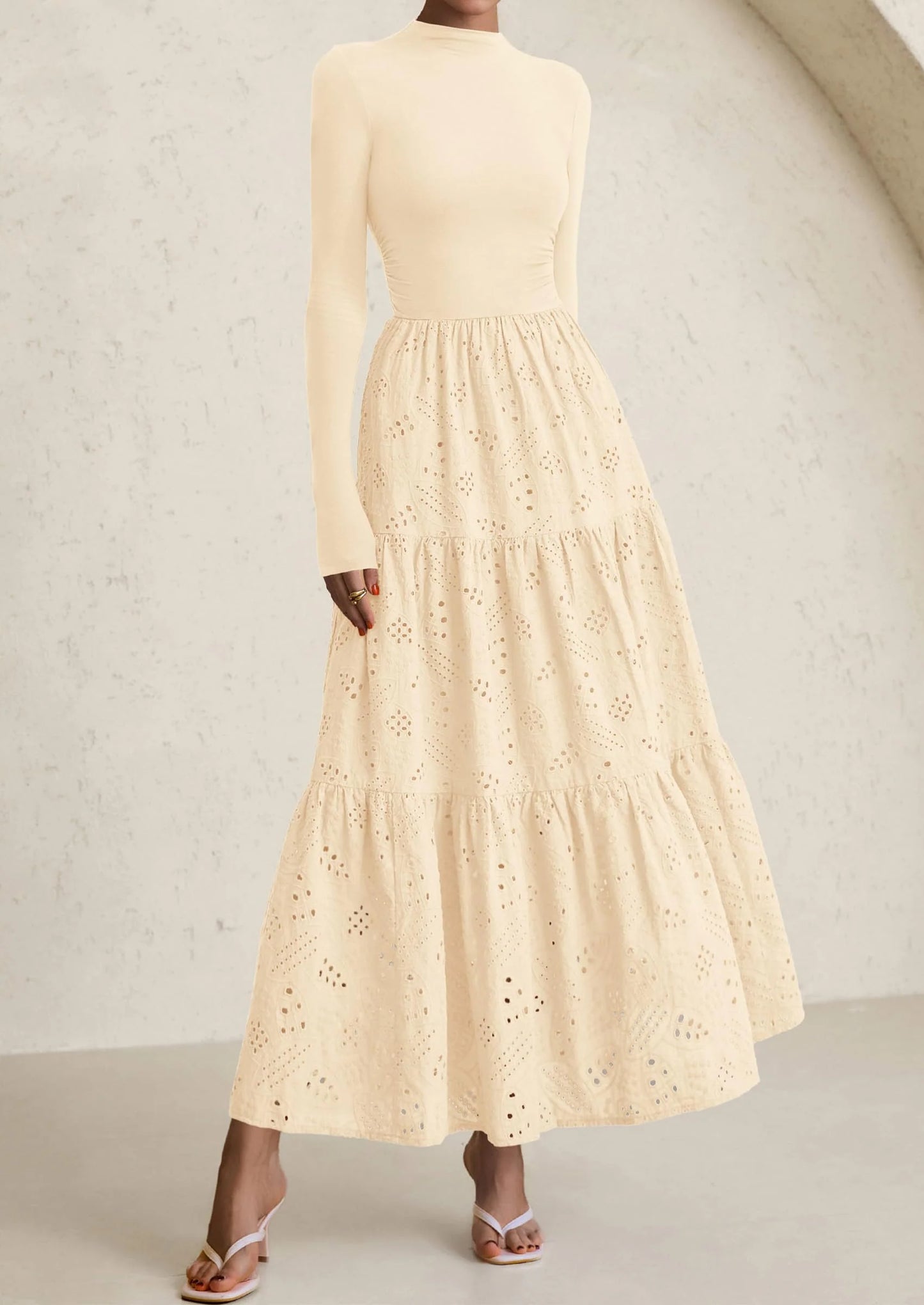 Long Sleeve Dress for Women Fall Eyelet Mock Neck A Line Elegant Classy Maxi Wedding Guest Dresses Pockets