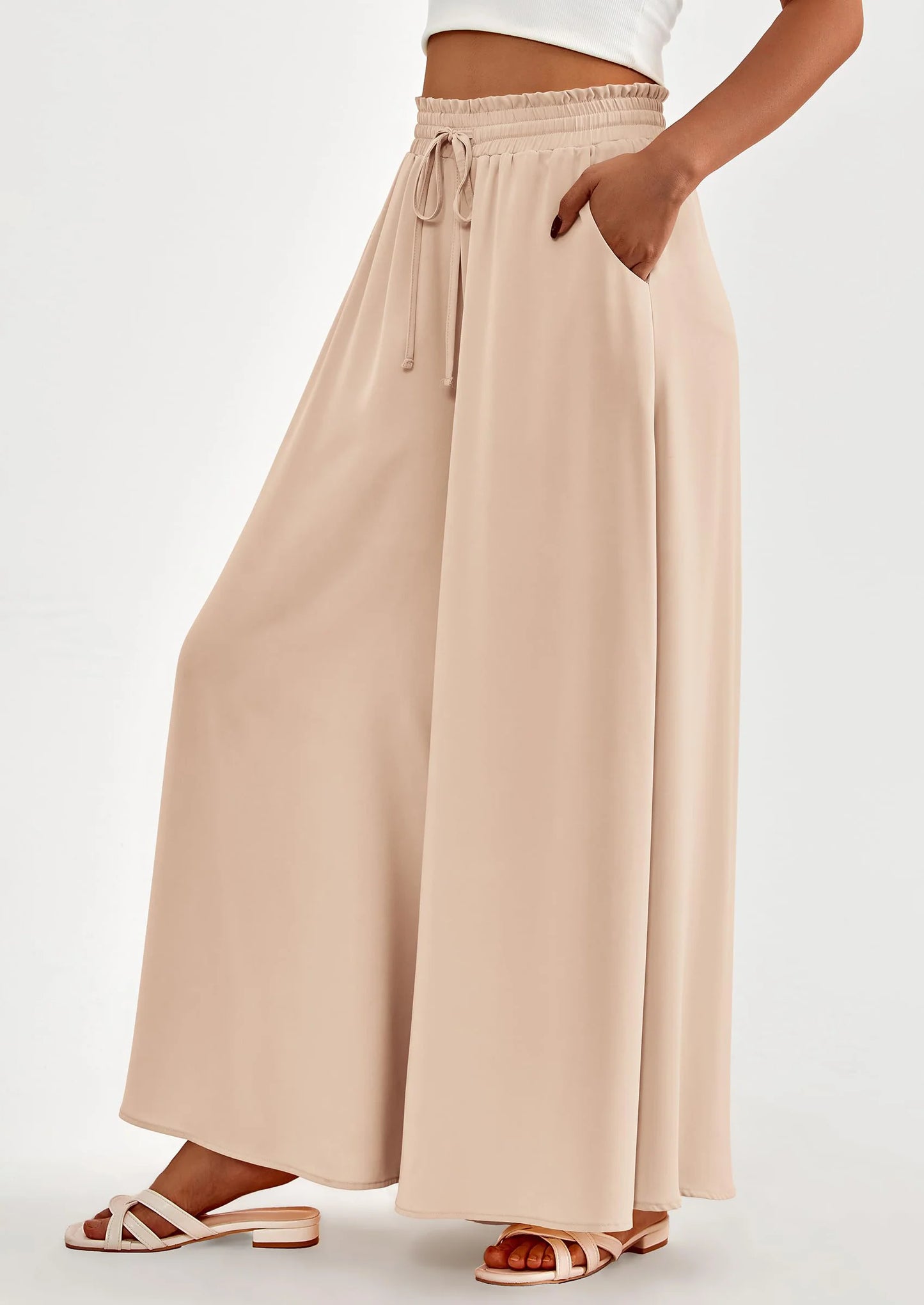 Women's Summer Wide Leg Palazzo Pants High Waisted Flowy Pockets Trendy Casual Lounge Boho Beach Trousers