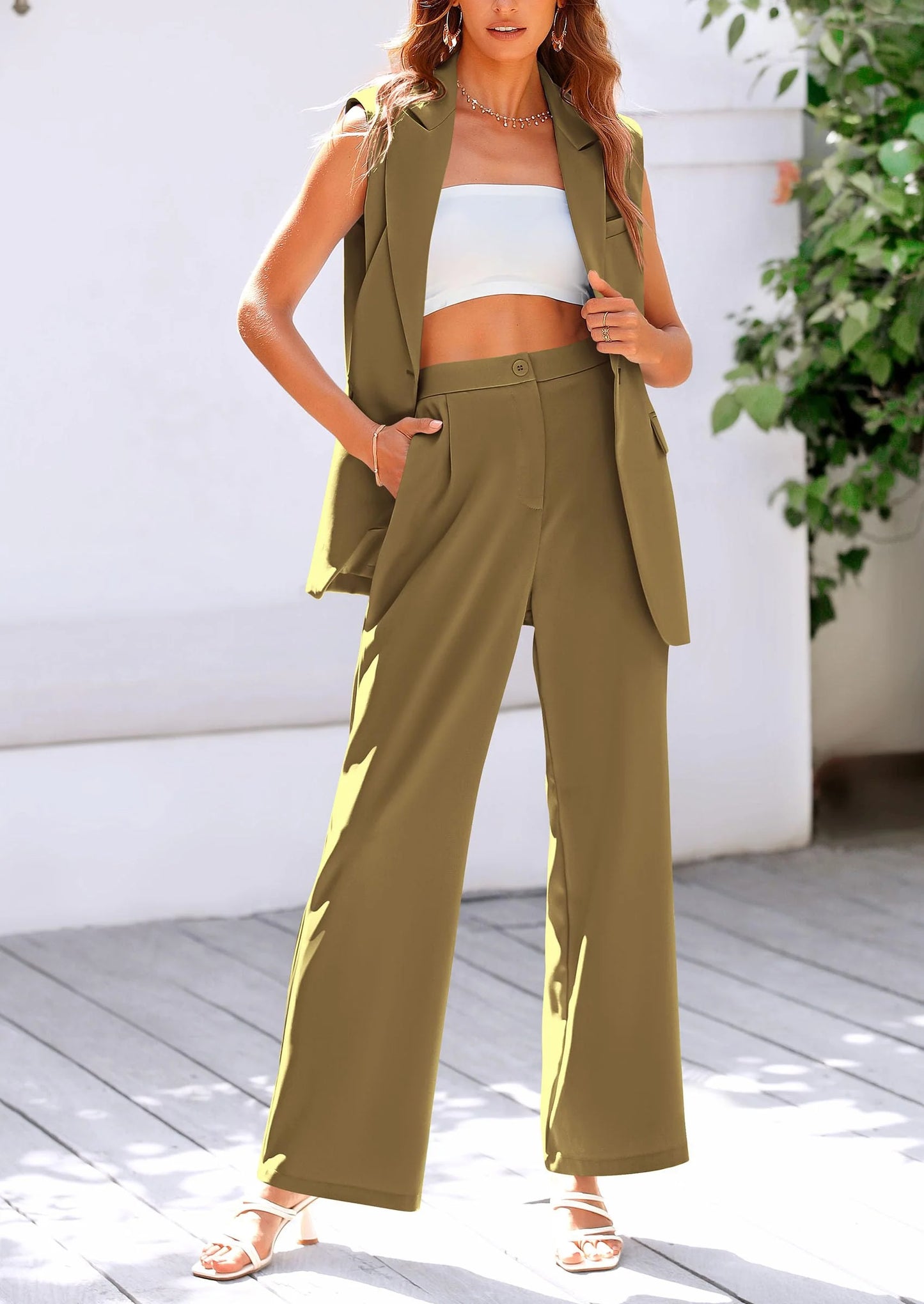 Women's 2 Piece Outfits Sleeveless Suit Vest and Wide Leg Pants Business Casual Blazer Sets