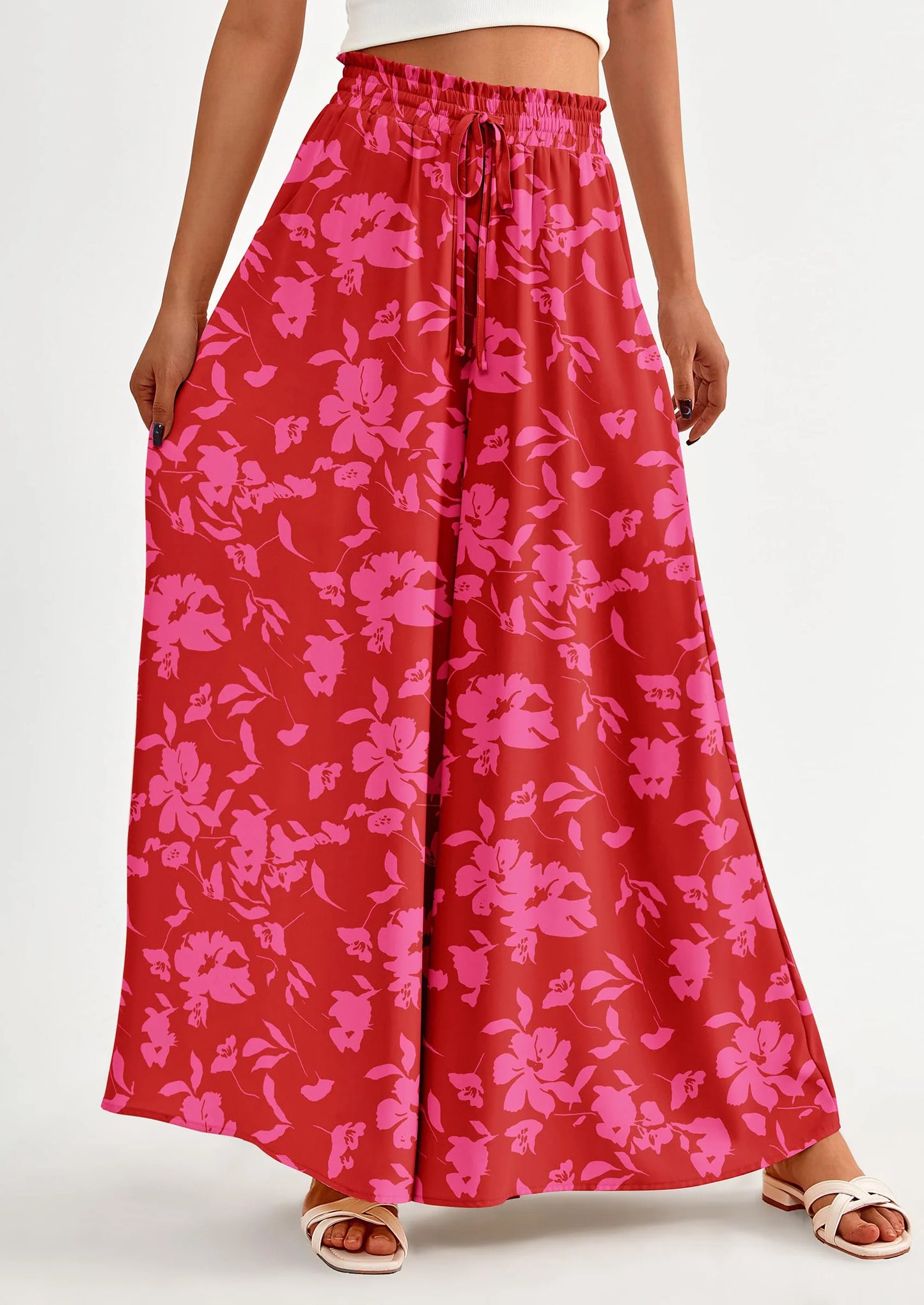 Women's Summer Wide Leg Palazzo Pants High Waisted Flowy Pockets Trendy Casual Lounge Boho Beach Trousers