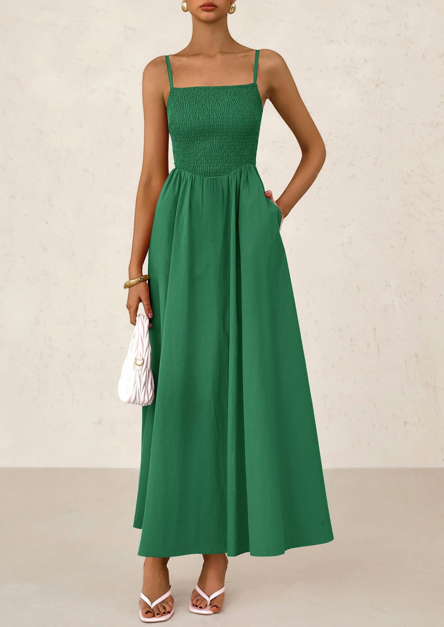 Women's Smocked Maxi Dresses Beach Sundress Casual Spaghetti Strap Swing A Line Long Flowy Dress