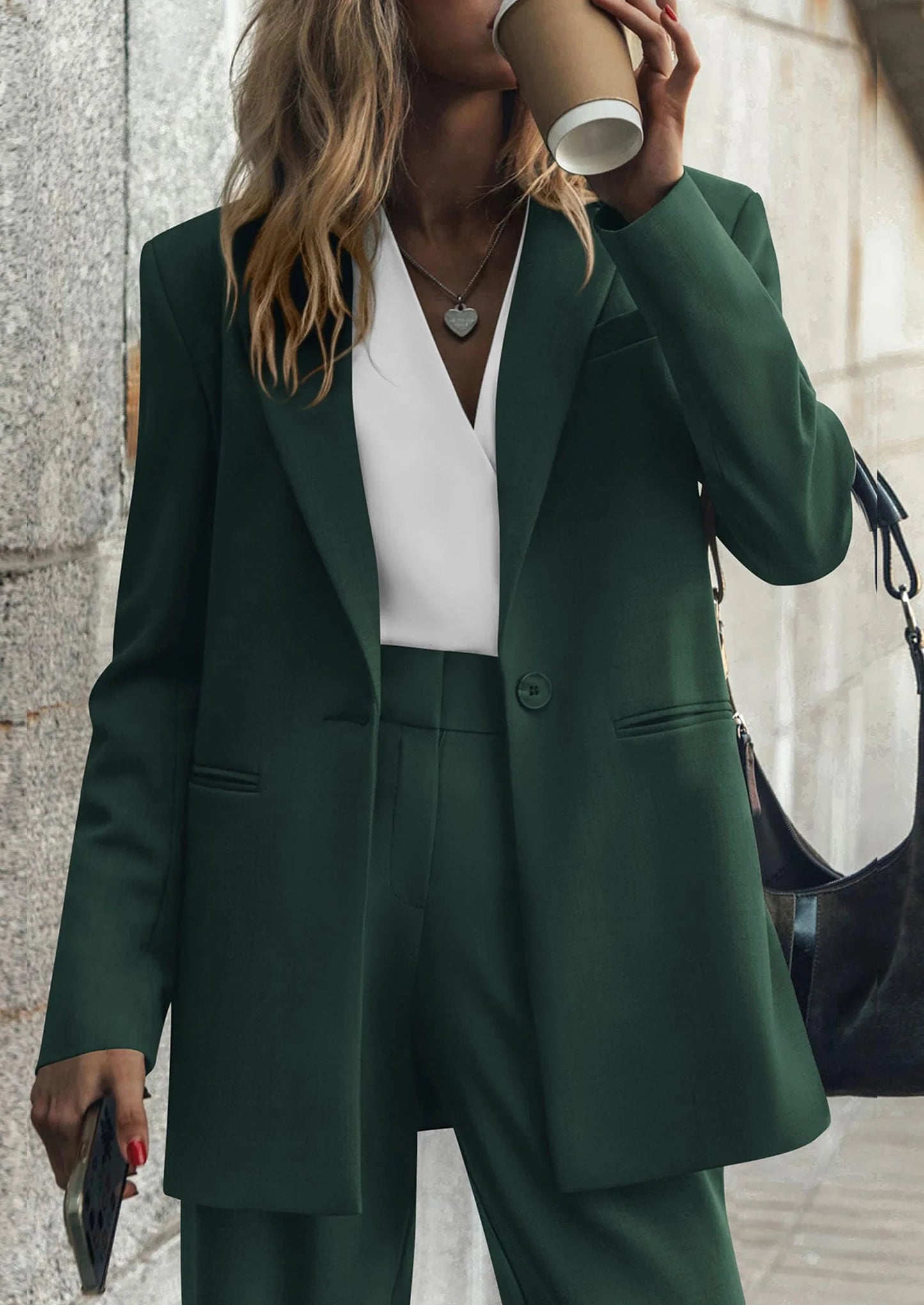 Women's Fall Two Piece Outfits Dressy Blazer Jacket and Wide Leg Pants Pockets Business Casual Office Suit Sets