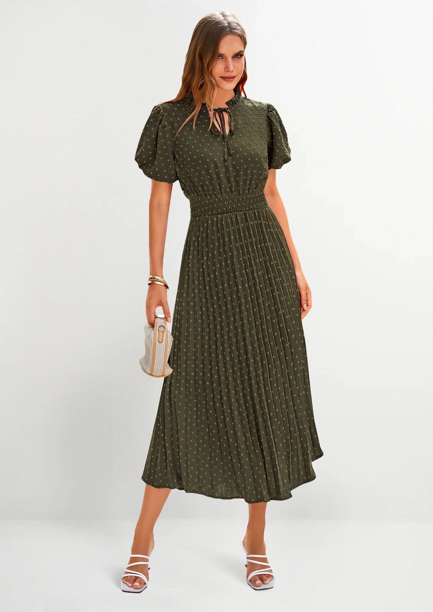 Womens Midi Dresses Puff Short Sleeve V Neck Swiss Dot Pleated A Line Flowy Long Wedding Guest Dress
