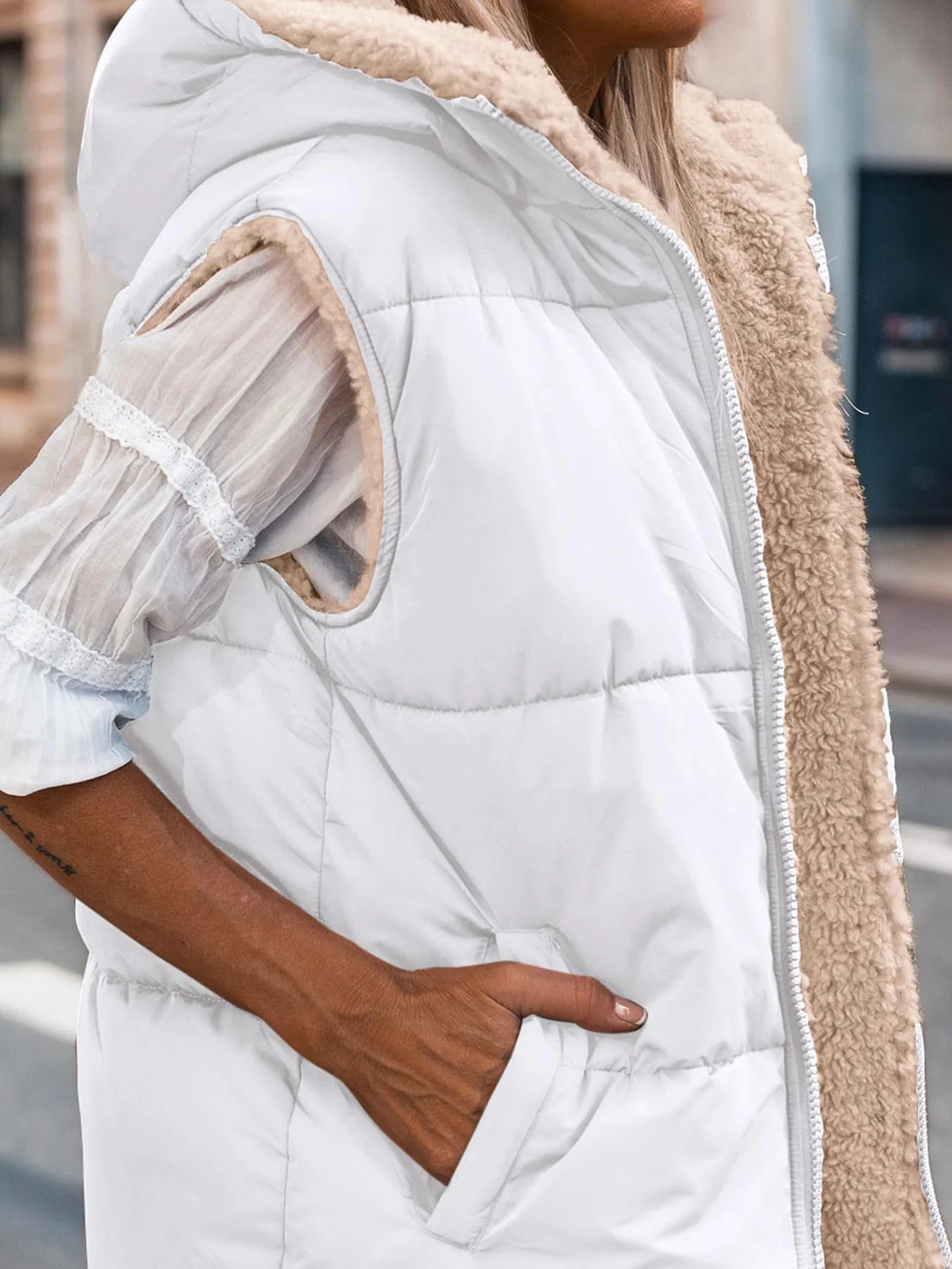 Womens Fall Reversible Vests Sleeveless Fleece Jacket Zip Up Hoodie Pockets Long Warm Winter Coat Outerwear