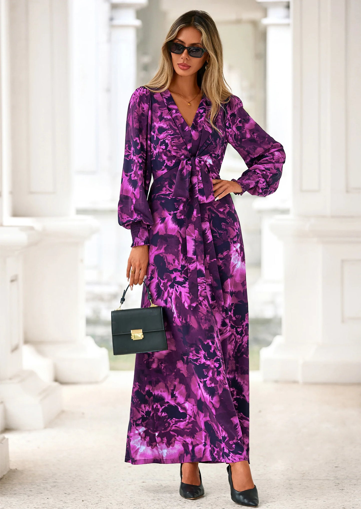 Women's Fall Boho Maxi Dress Floral Long Sleeve V Neck Flowy Belted Elegant Holiday Party Dresses