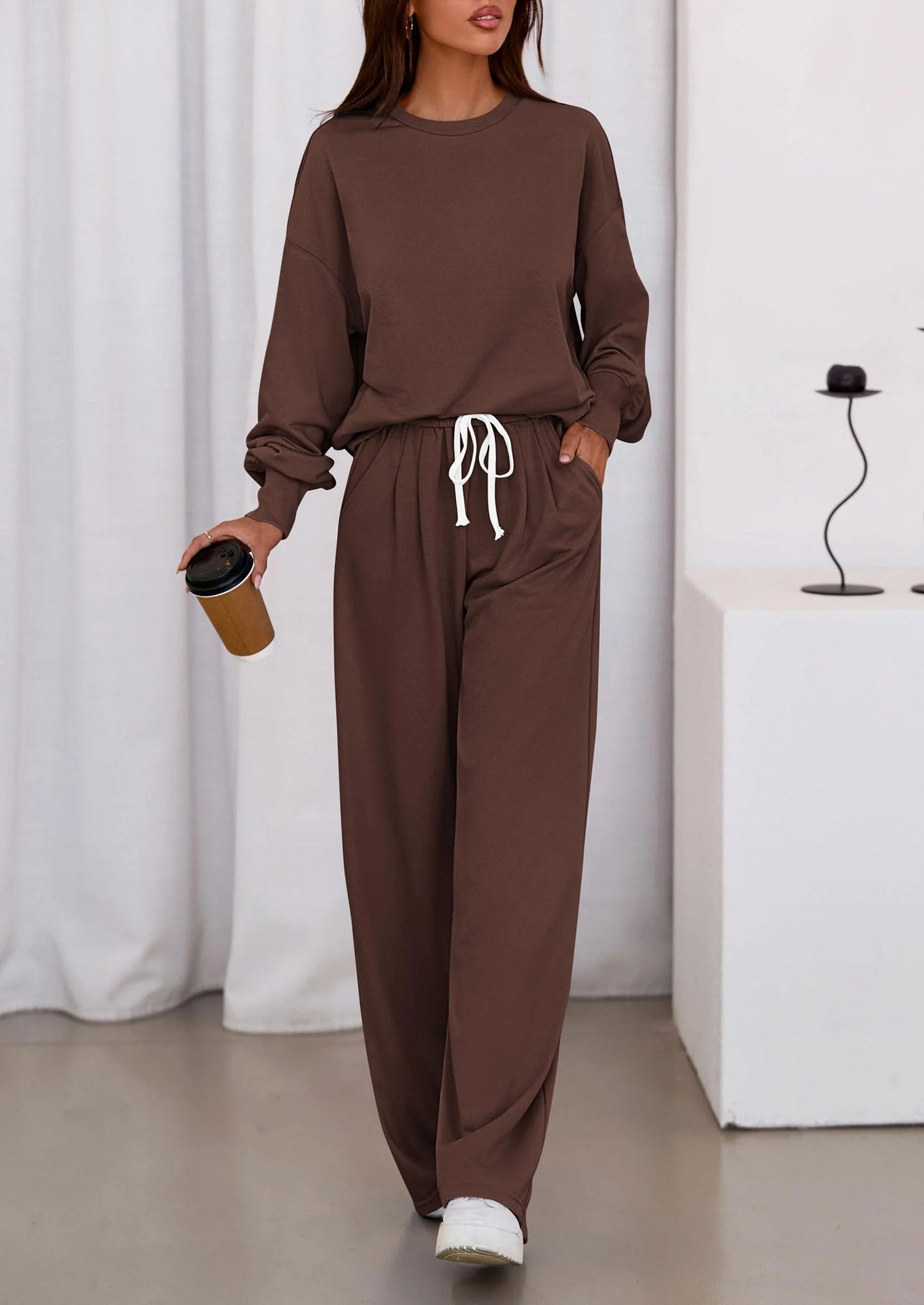 Womens 2 Piece Sets Long Sleeve Sweatshirt Wide Leg Pants Loose Matching Lounge Set Trendy Fall Outfits