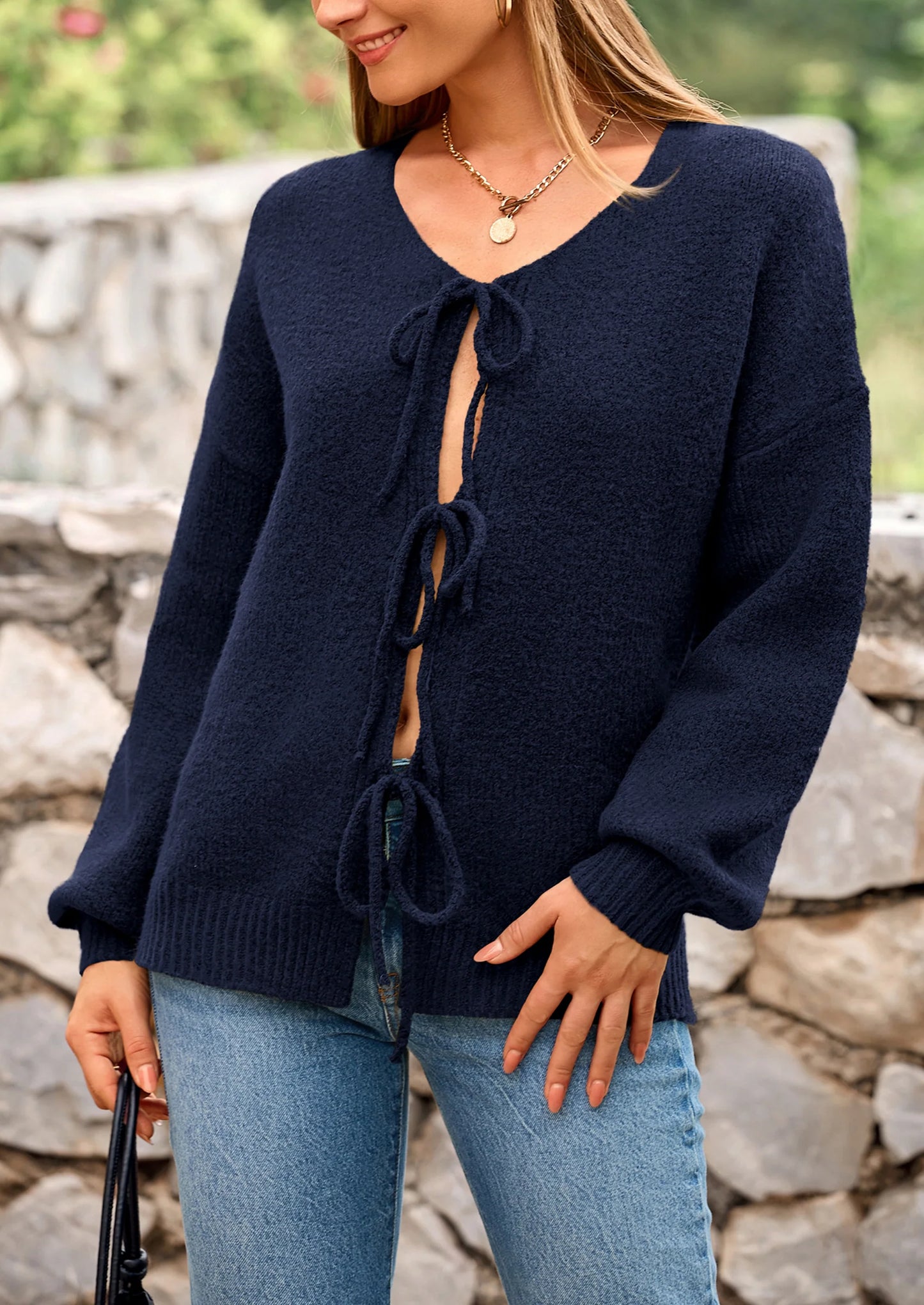 Women's Tie Front Bow Cardigan Sweaters Chunky Knit Long Puff Sleeve Trendy Fall Winter Jacket Coats