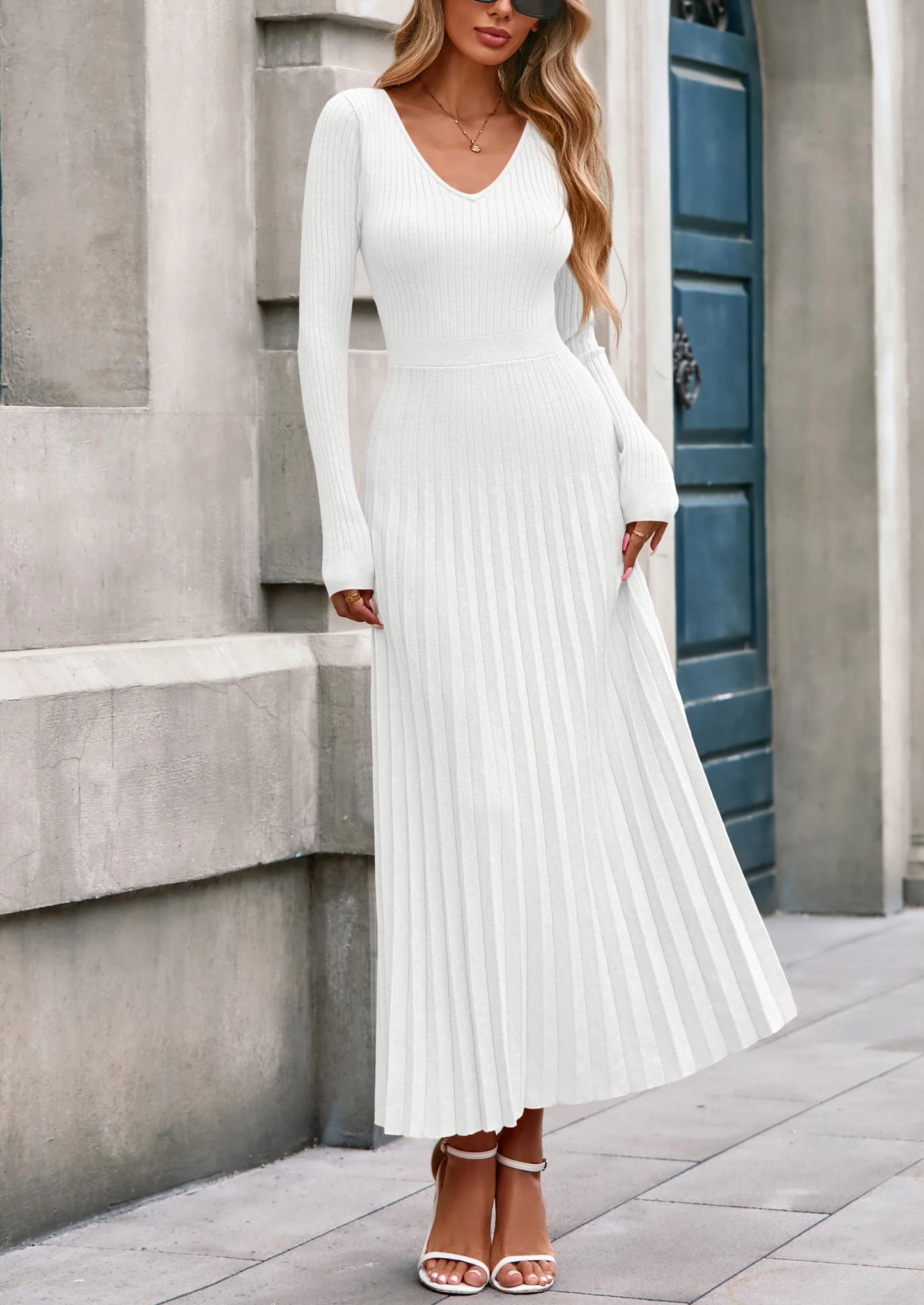 Women Sweater Dress Fall Fashion Long Sleeve V Neck Ribbed Knit Pleated A Line Elegant Maxi Winter Dresses