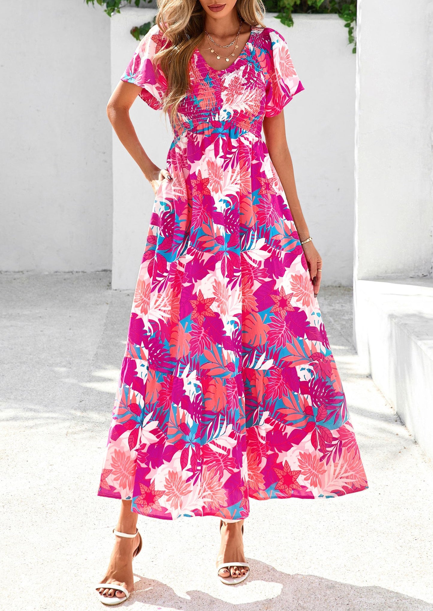 Women Floral Boho Maxi Dresses Short Sleeve V Neck Smocked A Line Long Flowy Beach Vacation Dress