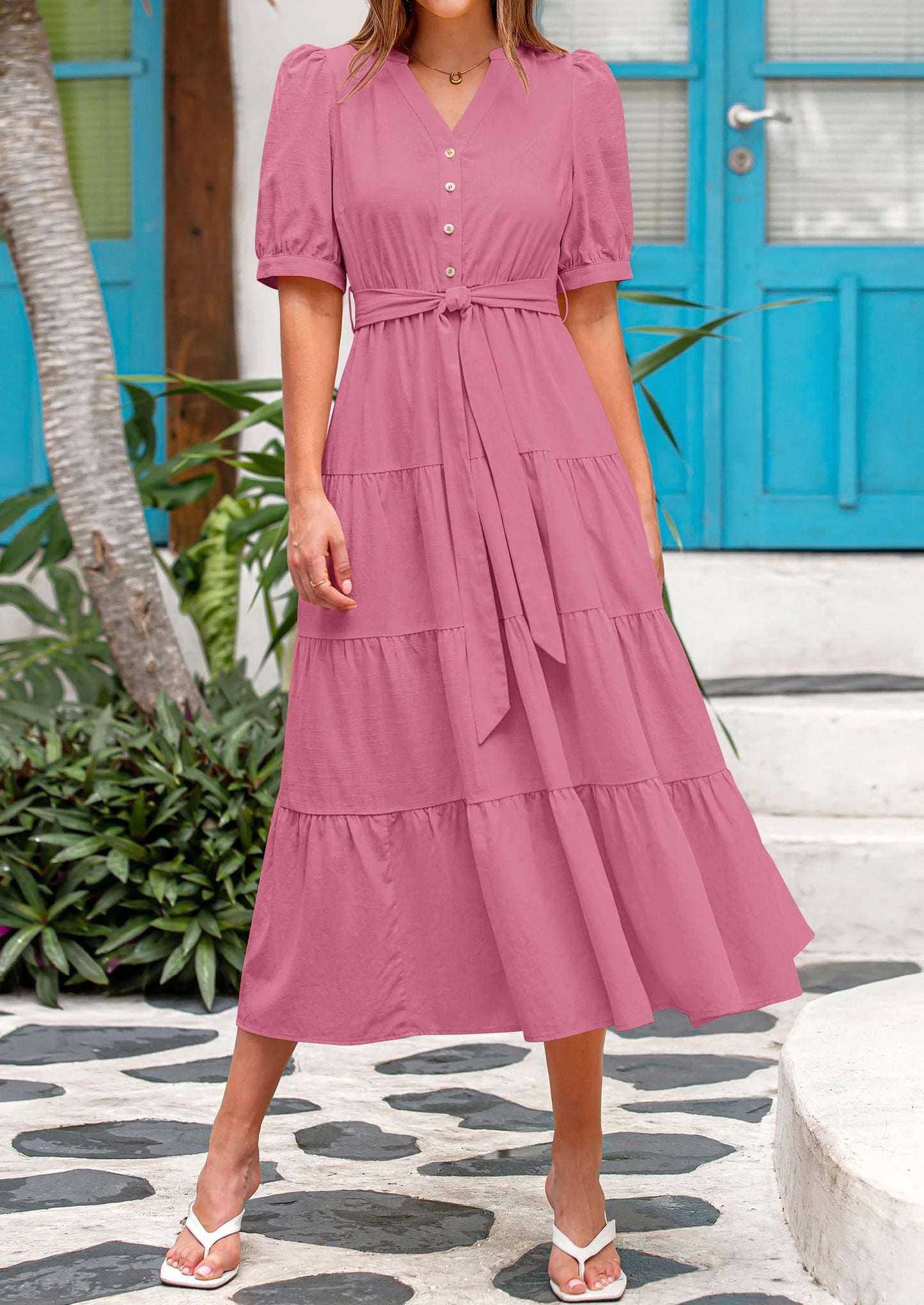 Women's Midi Dress Casual Short Sleeve V Neck Buttons Belted Ruffle A Line Flowy Dress with Pockets