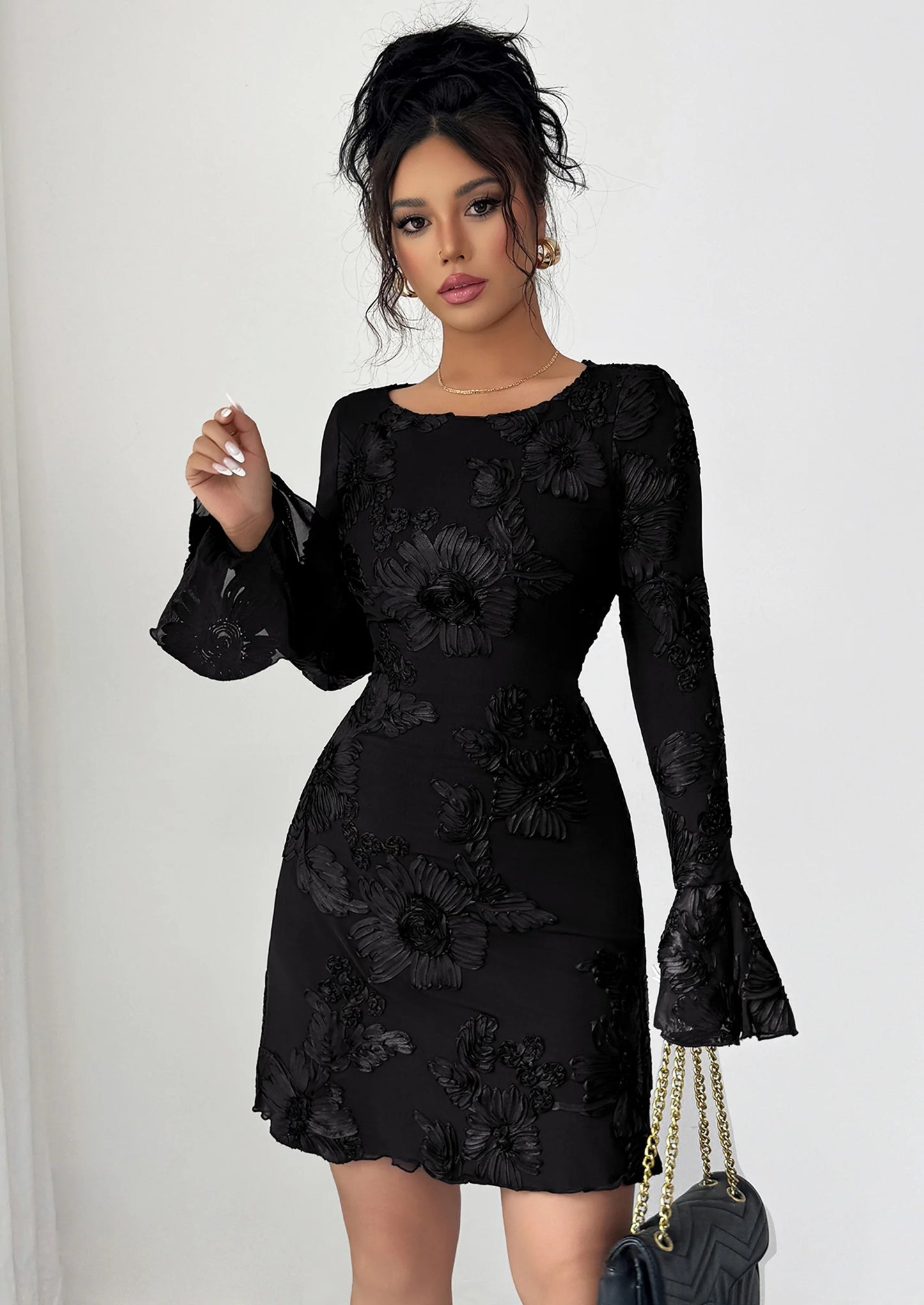 Women's Floral Embroidered Dress Fall Long Bell Sleeve Ribbon Flower Mini Short Mesh Bodycon Party Dresses