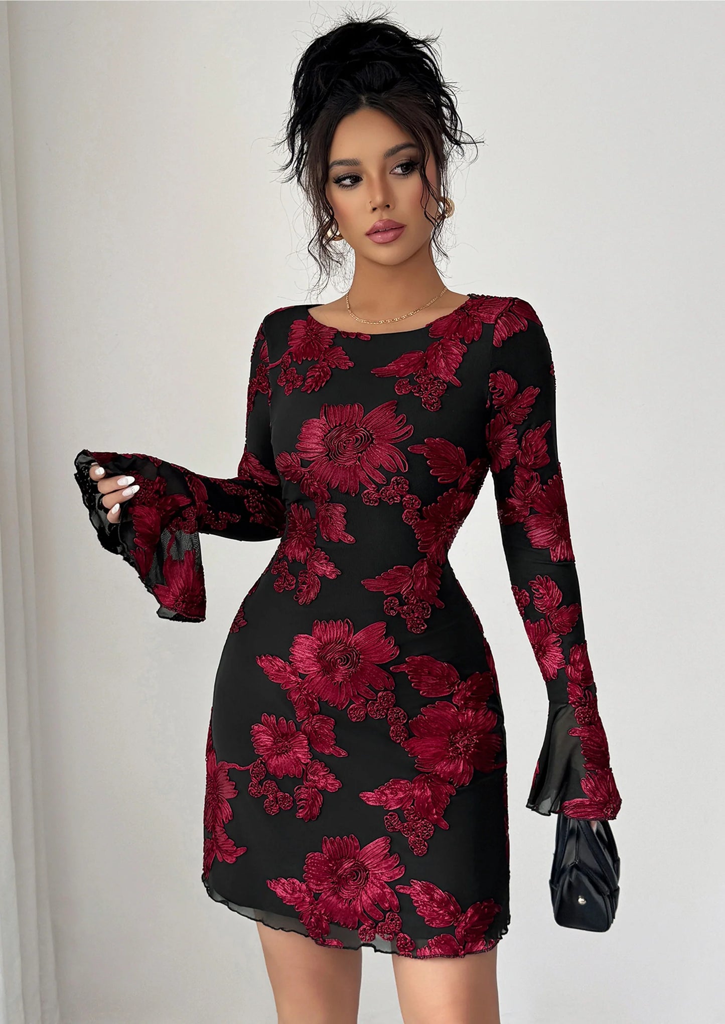 Women's Floral Embroidered Dress Fall Long Bell Sleeve Ribbon Flower Mini Short Mesh Bodycon Party Dresses