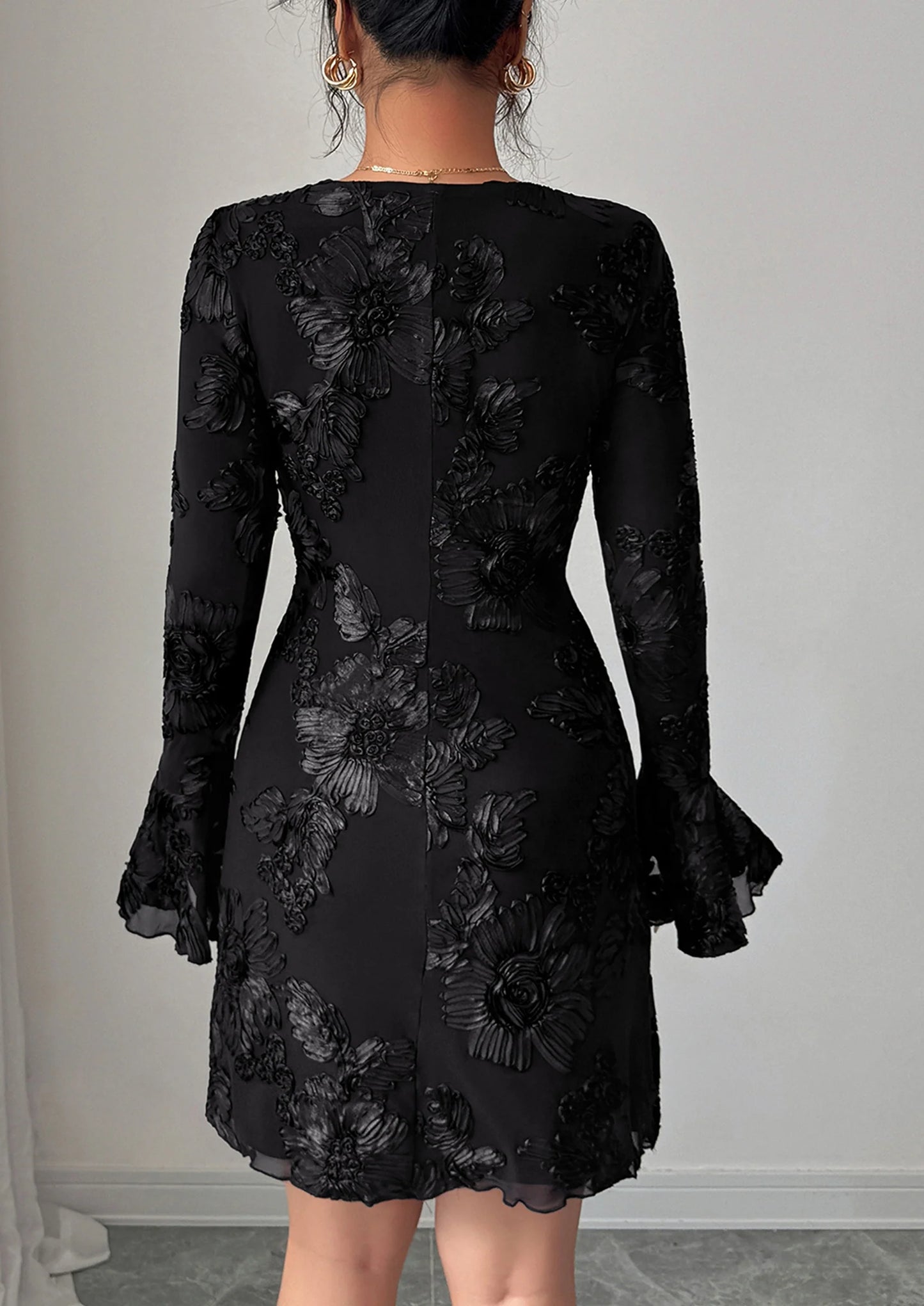 Women's Floral Embroidered Dress Fall Long Bell Sleeve Ribbon Flower Mini Short Mesh Bodycon Party Dresses