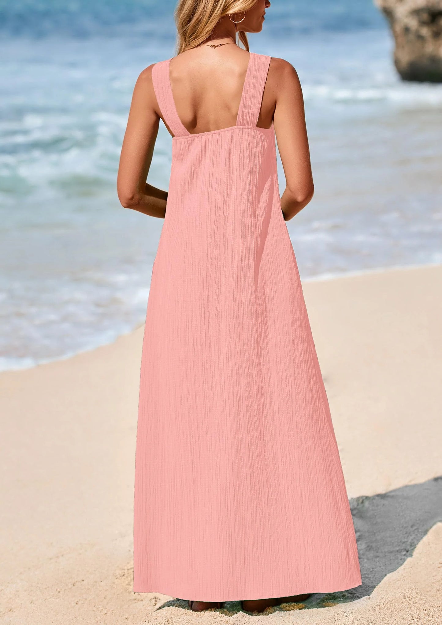 Womens Casual Long Summer Dresses Sleeveless Strappy Loose Flowy Beach Vacation Maxi Dress with Pockets