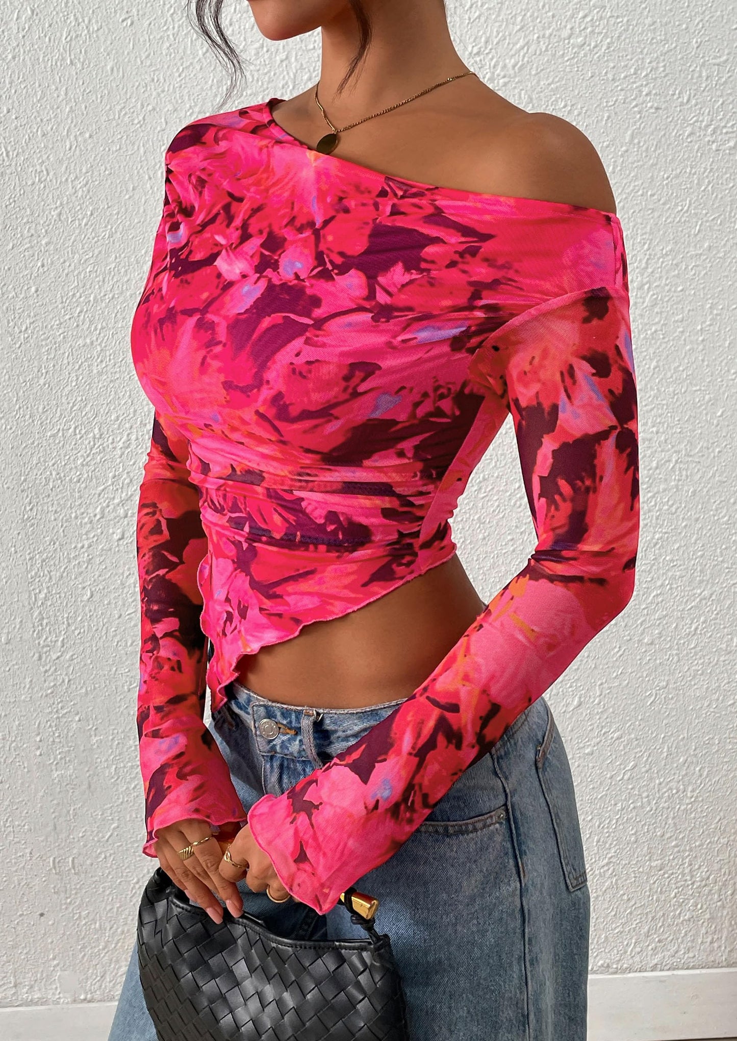 Womens Fall Trendy Off Shoulder Tops Tie Dye Mesh Long Sleeve Shirts Asymmetrical Ruched Floral Blouse