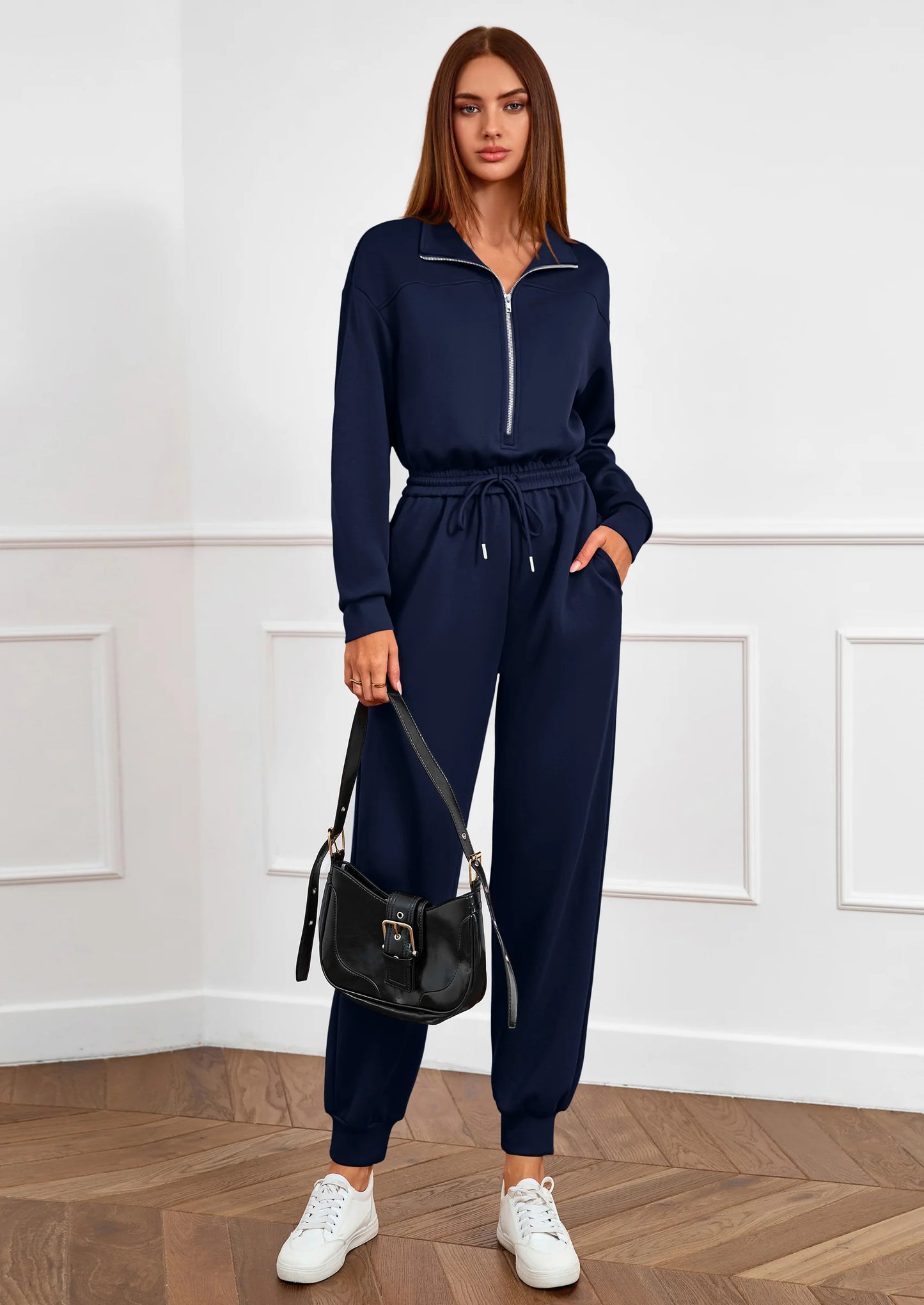 Long Sleeve Jumpsuits for Women Casual  Fall Fashion Zip Up Pant Rompers One Piece Sweatsuits Travel Outfits