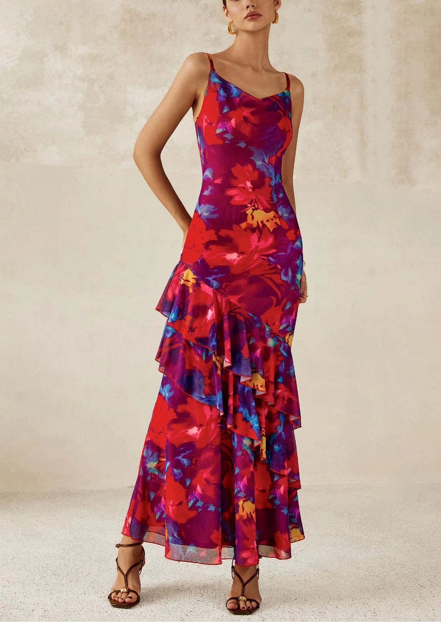 Maxi Dresses for Women Floral Beach Sundress Spaghetti Strap Tiered Wedding Guest Long Dress