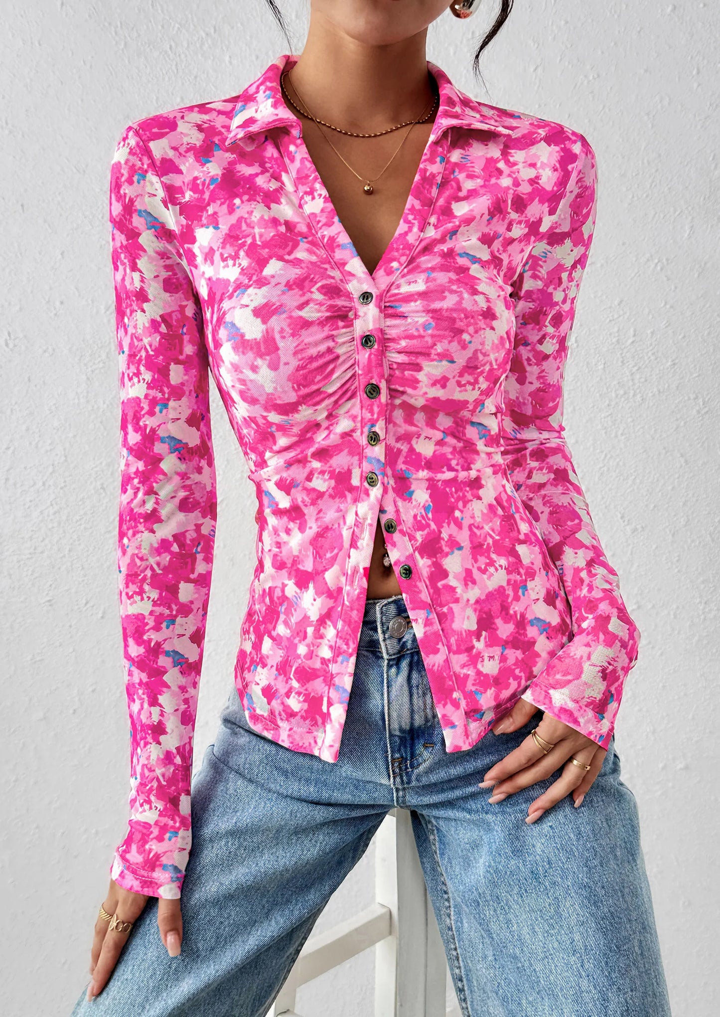 Women Button Down Floral Shirts Fall Trendy Long Sleeve V Neck Ruched Fitted Mesh Blouse Tops Date Outfits
