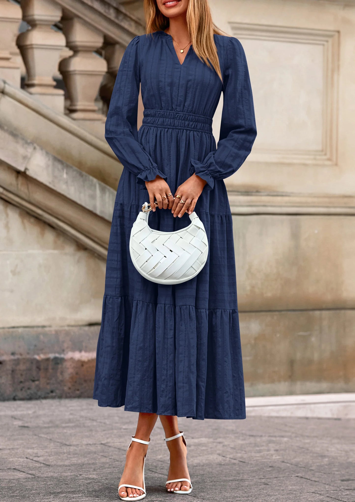 Women's Fall Wedding Guest Dresses Long Sleeve V Neck Flowy Elegant Holiday Party Maxi Dress with Pockets