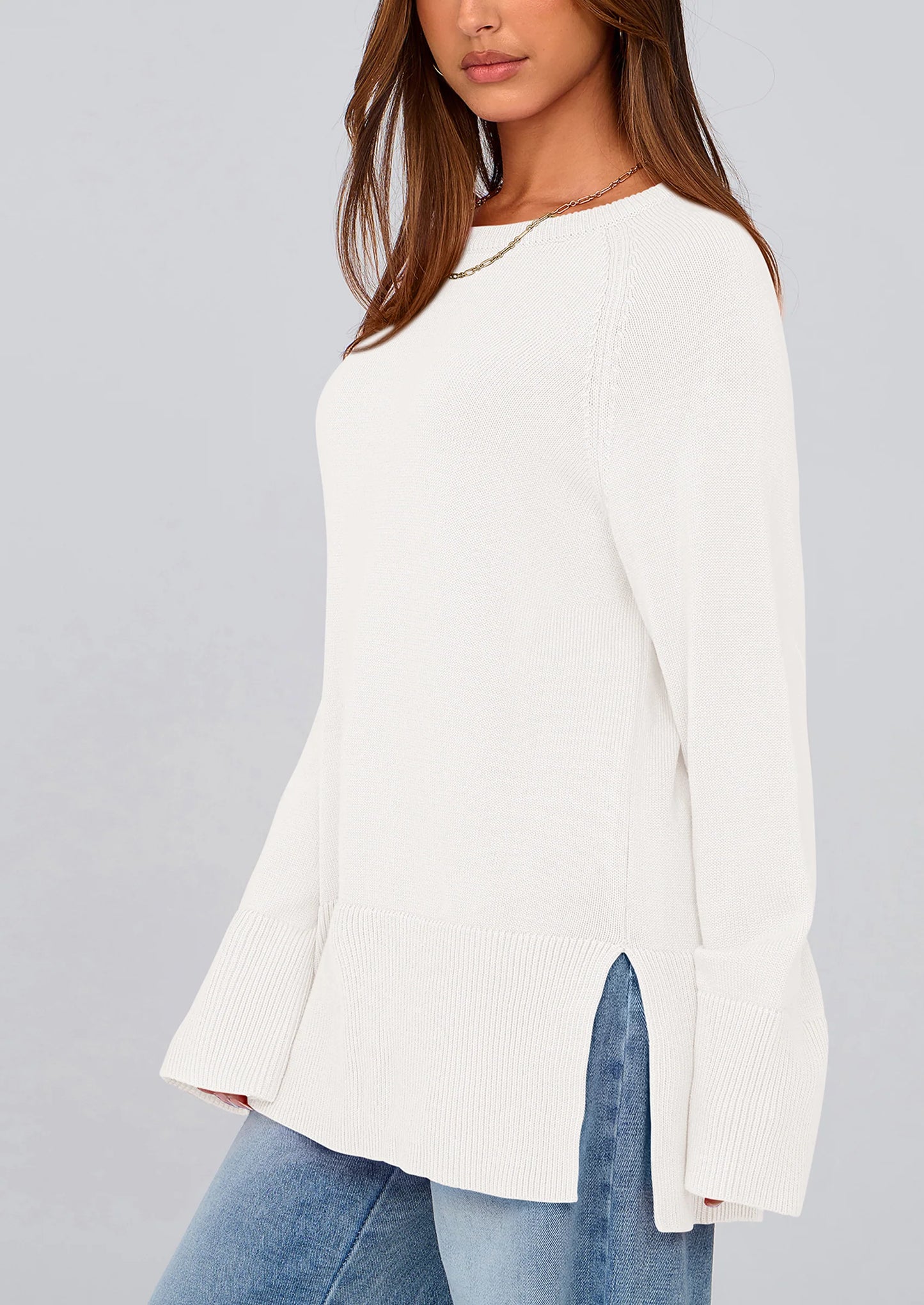 Women's Knit Fall Sweaters Long Sleeve Pullover Crewneck Split Hem Oversized Tunic Sweater Tops Winter Clothing