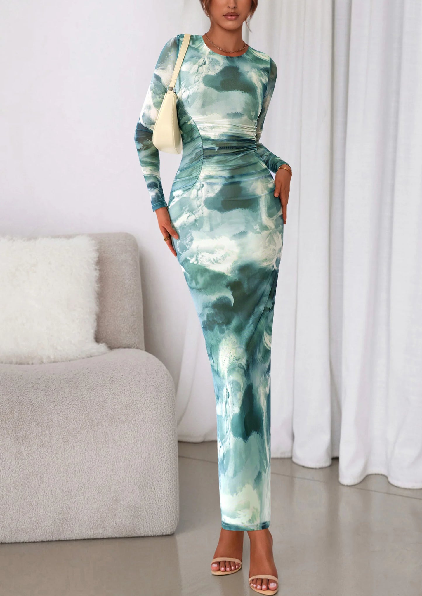 Women's Fall Wedding Guest Dresses Long Sleeve Fitted Ruched Slit Bodycon Mesh Floral Party Maxi Dress