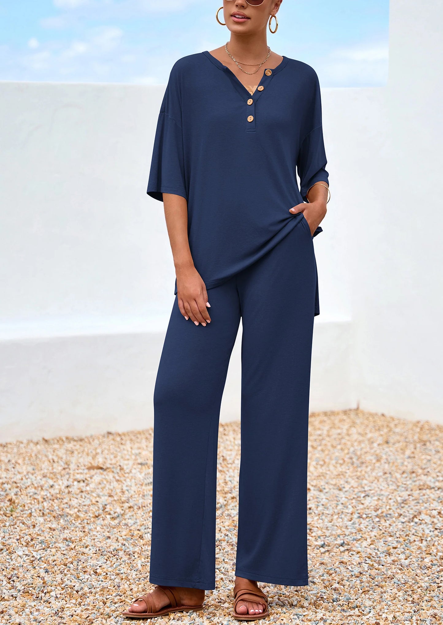 Women's 2 Piece Outfits Summer Casual V Neck Short Sleeve Tops Wide Leg Pants Matching Lounge Sets