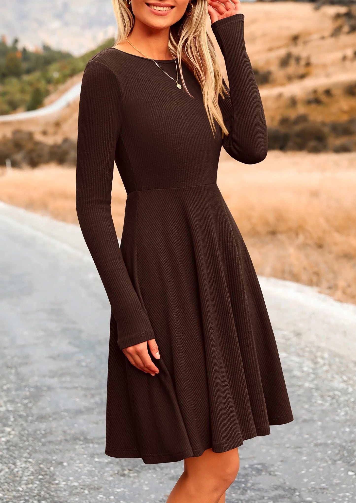 Women's Spring Fall Short Dress Ribbed Knit Crewneck Long Sleeve A Line Flowy Casual Elegant Going Out Dresses