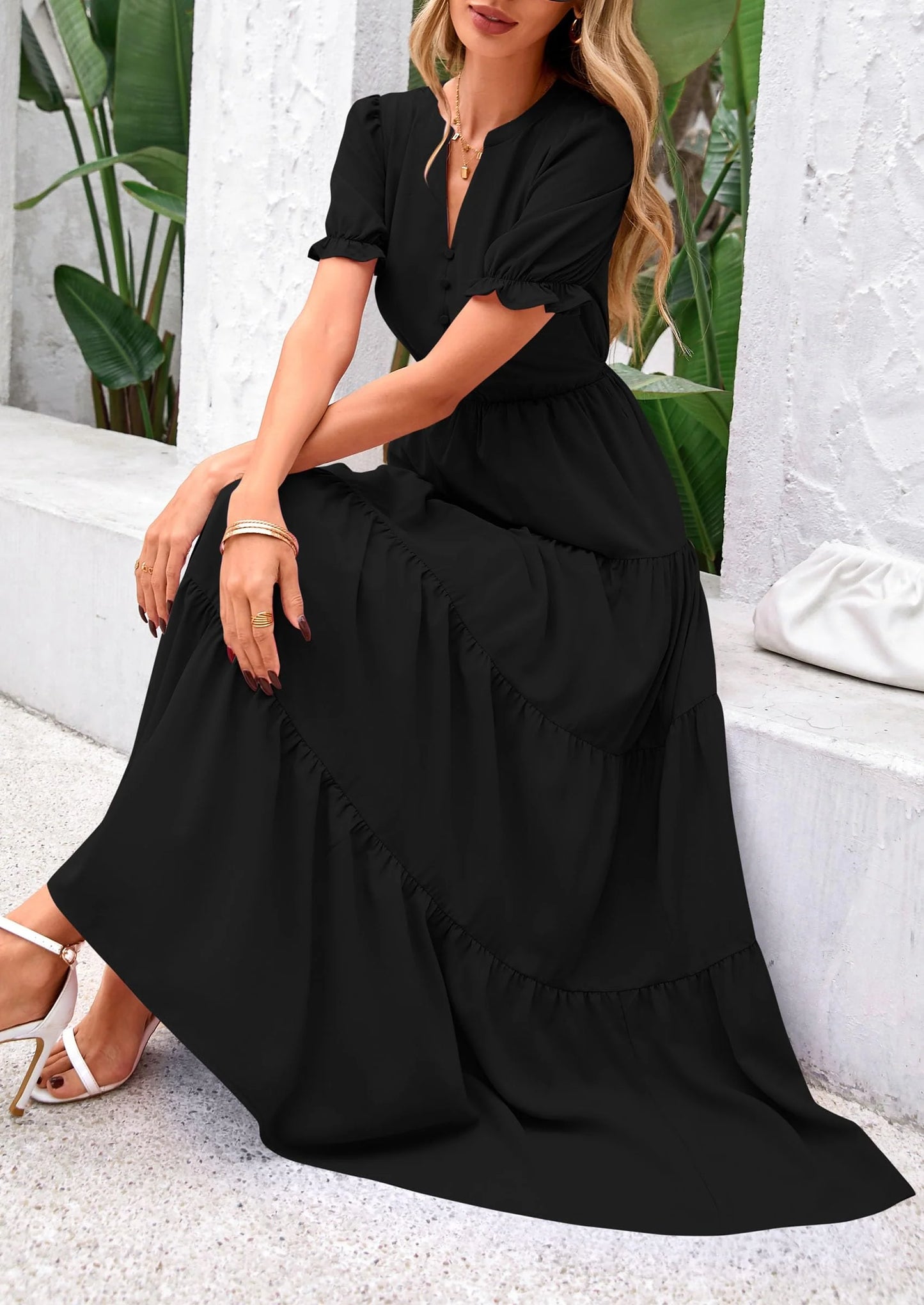 Women's Casual Short Sleeve V Neck Midi Dresses Spring A-line Tiered Wedding Guest Dress
