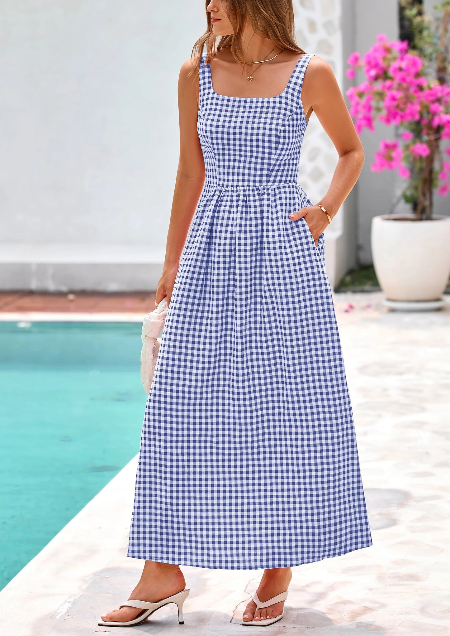 Women's Summer Spaghetti Strap Maxi Dresses Plaid Square Neck A Line Casual Beach Vacation Long Sundress