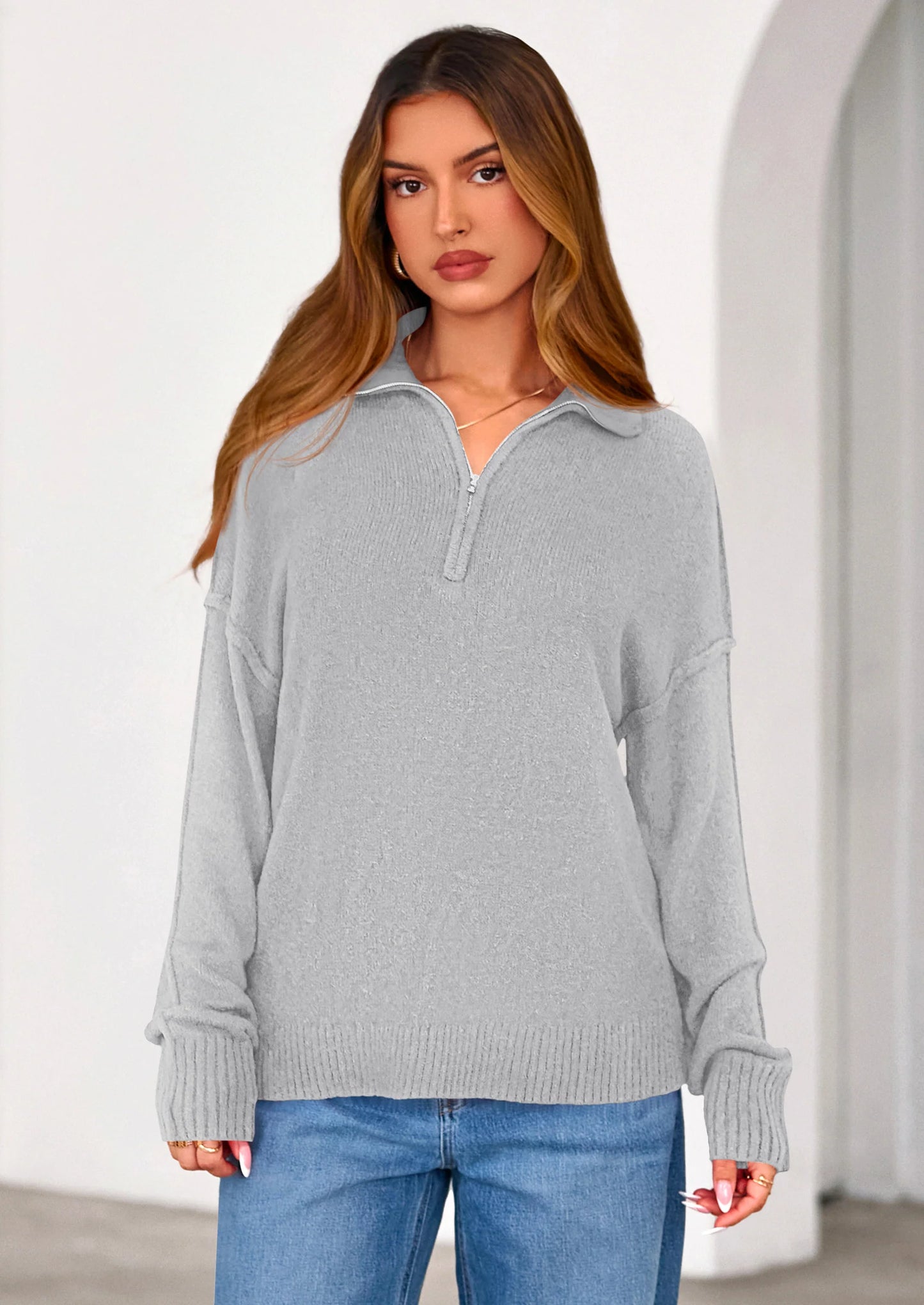 Womens Sweaters Quarter Zip Pullover Early Fall Fashion Long Sleeve V Neck Collared Knit Winter Jumper Tops