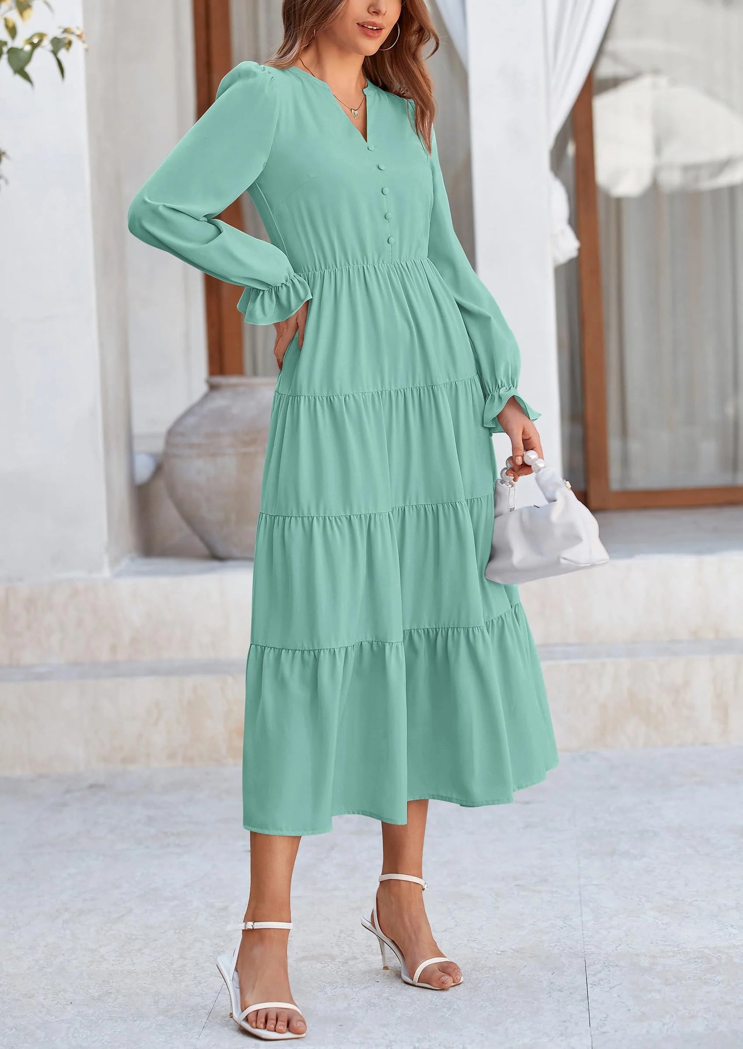 Women Fall Long Sleeve Smocked Maxi Dress Casual Square Neck Swiss Dot Tiered Ruffle Flowy Spring Pocket Dresses
