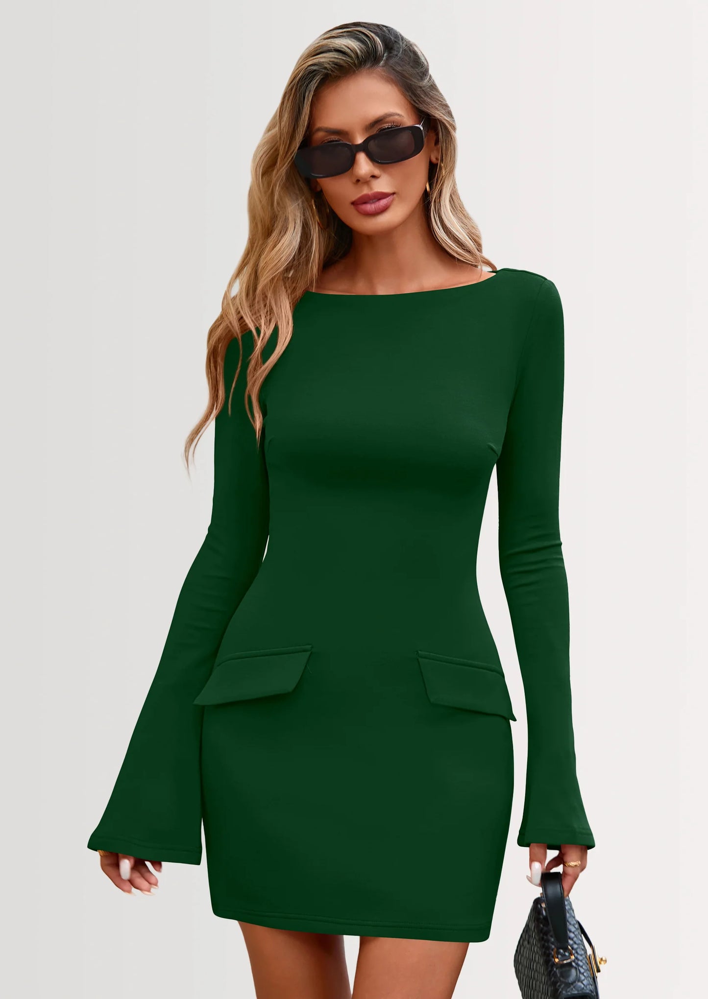 Womens Fall Long Sleeve Mini Dress Trendy Boat Neck Bodycon Knit Elegant Short Party Dresses
