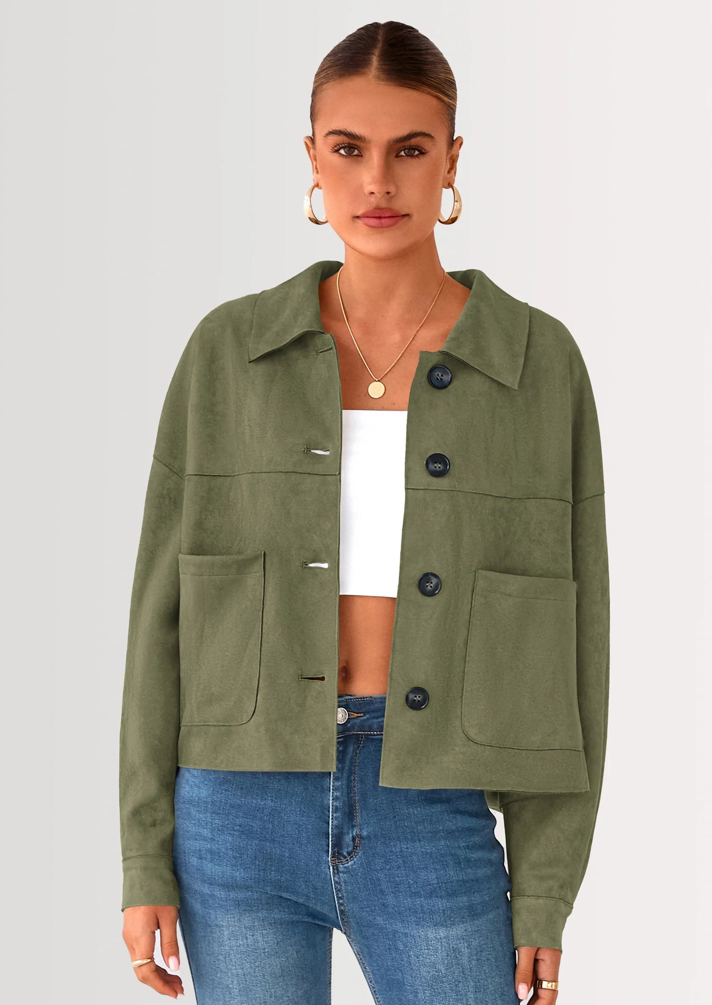 Women's Faux Suede Cropped Jacket Casual Lightweight Fall Fashion Winter Coats Outerwear Trendy Clothes