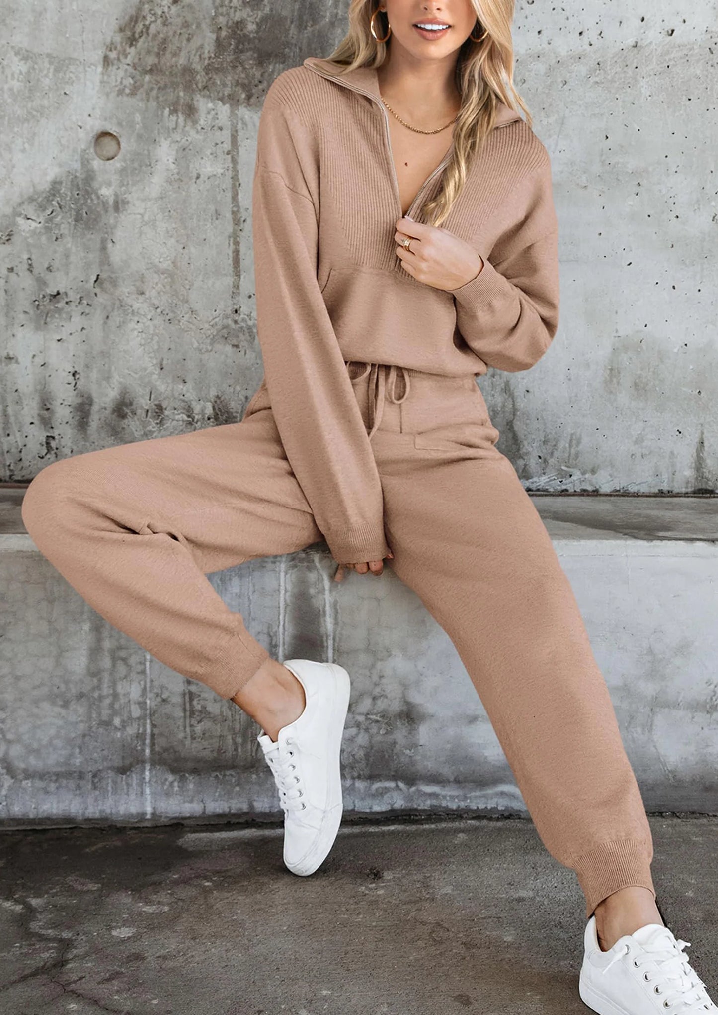 Women's 2 Piece Sweater Set Pullover Zip Up Sweatshirt Jogger Sweatpants Tracksuit Casual Outfit