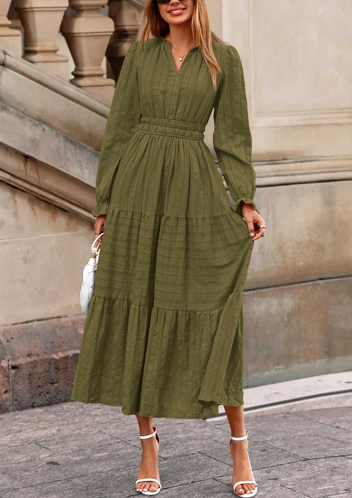 Women's Fall Wedding Guest Dresses Long Sleeve V Neck Flowy Elegant Holiday Party Maxi Dress with Pockets