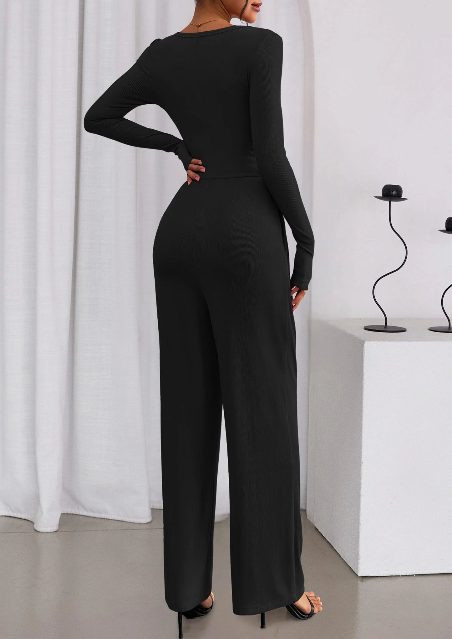 Jumpsuits for Women Dressy Casual Fall One Piece Outfits Long Sleeve Crew Neck Wide Leg Pants Rompers