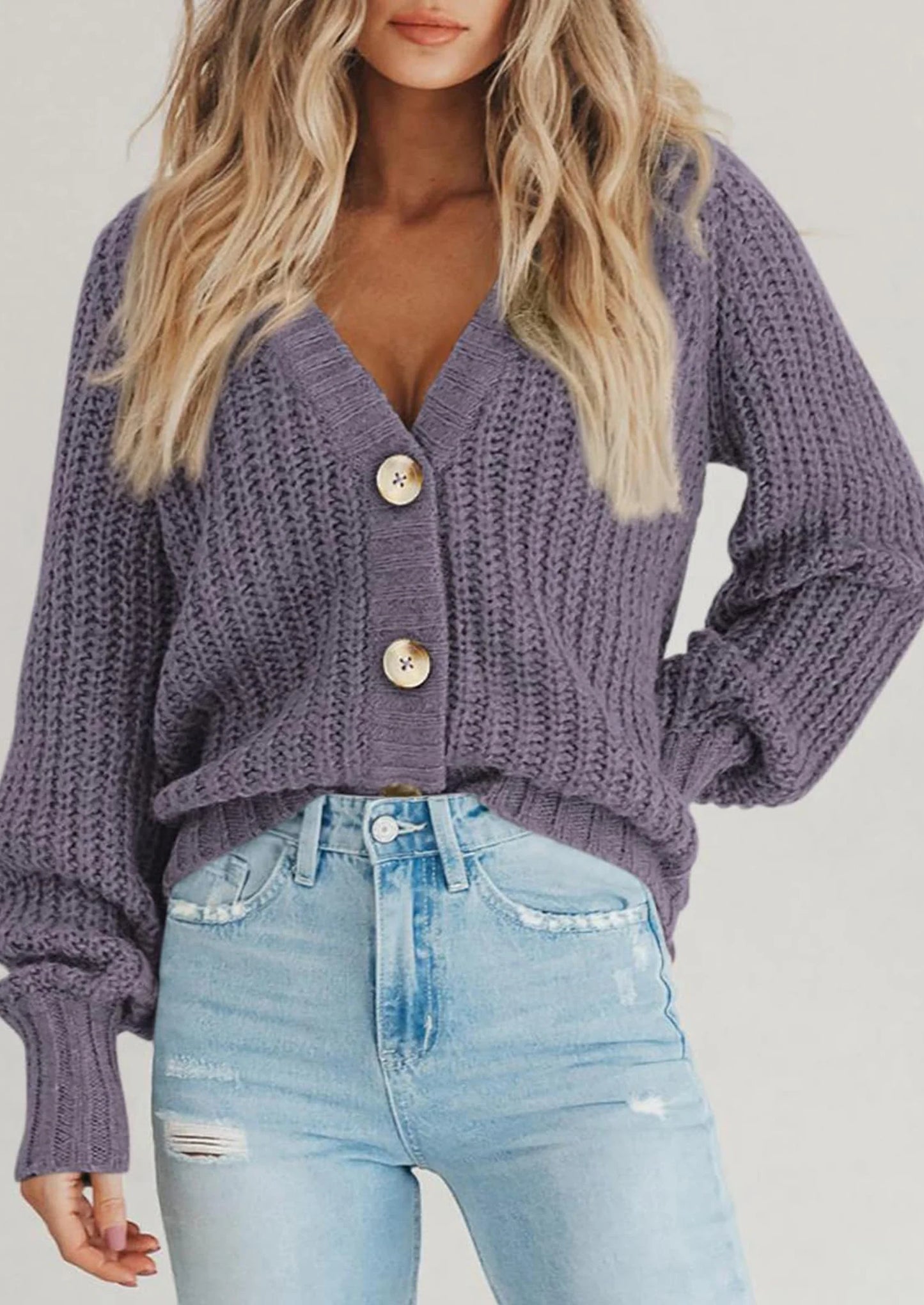 Women's Chunky Knit Open Front Sweater Long Sleeve Button Loose Short Cardigan Outerwear Coats