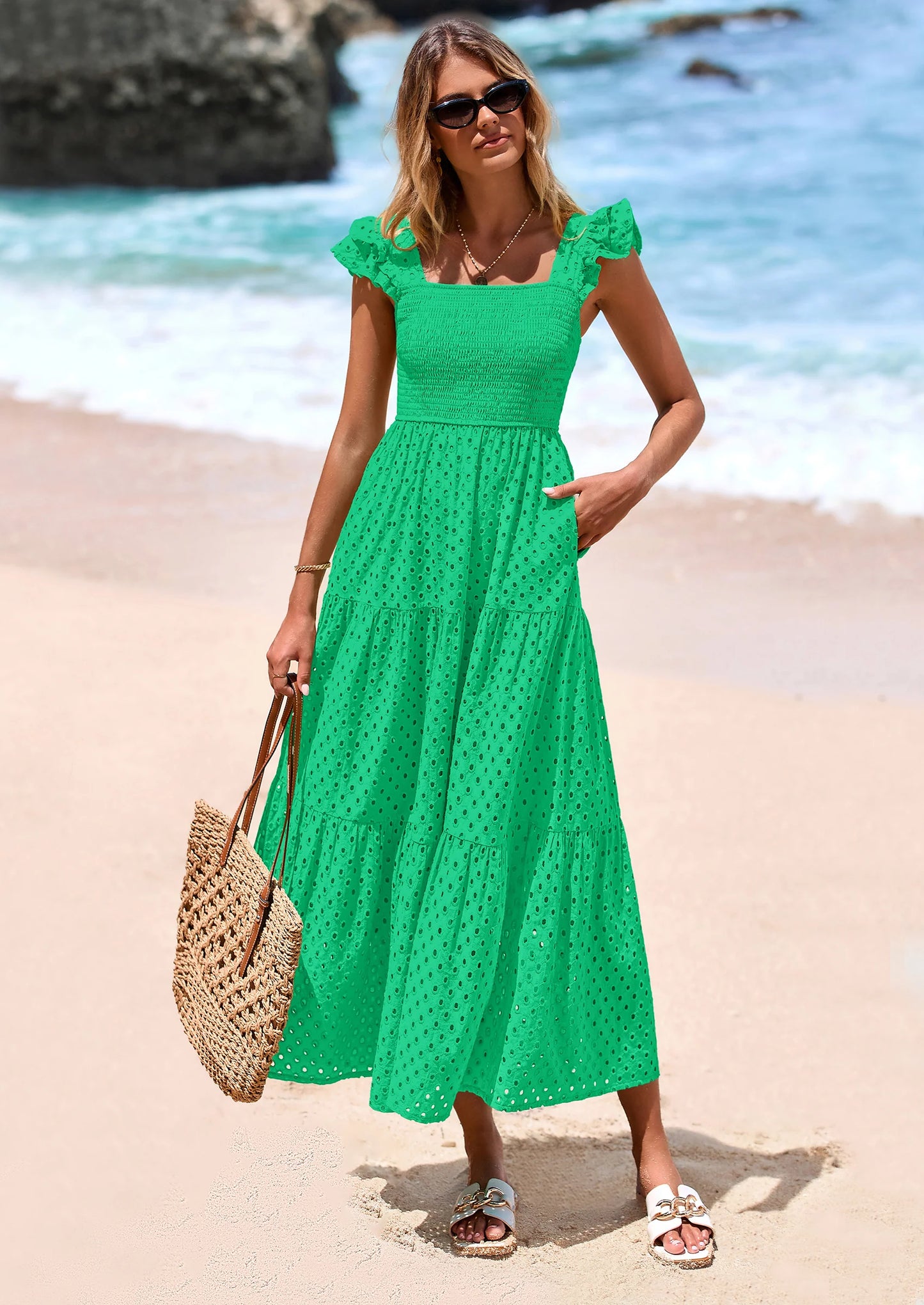 Womens Square Neck Maxi Dresses Cap Sleeve Eyelet Smocked Tiered A Line Flowy Long Dress with Pockets